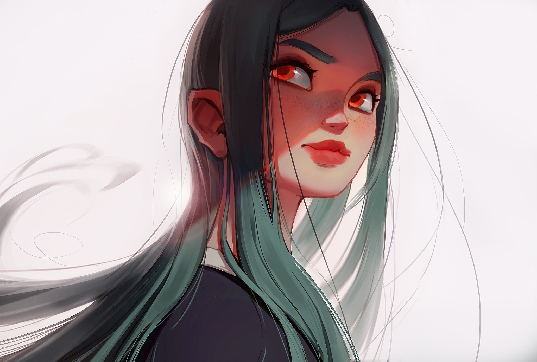 Digital art of a girl with red eyes and green hair HD Wallpaper