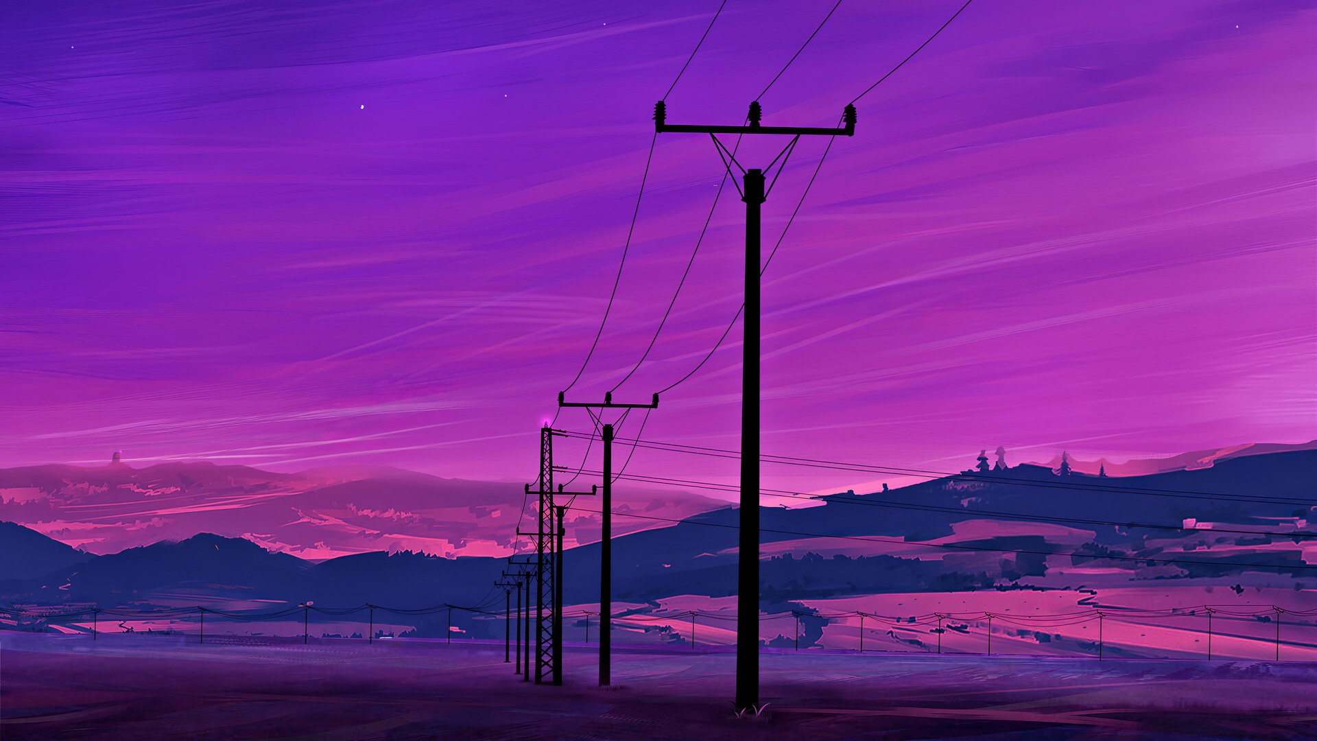 Purple sky with power lines and mountains HD Wallpaper