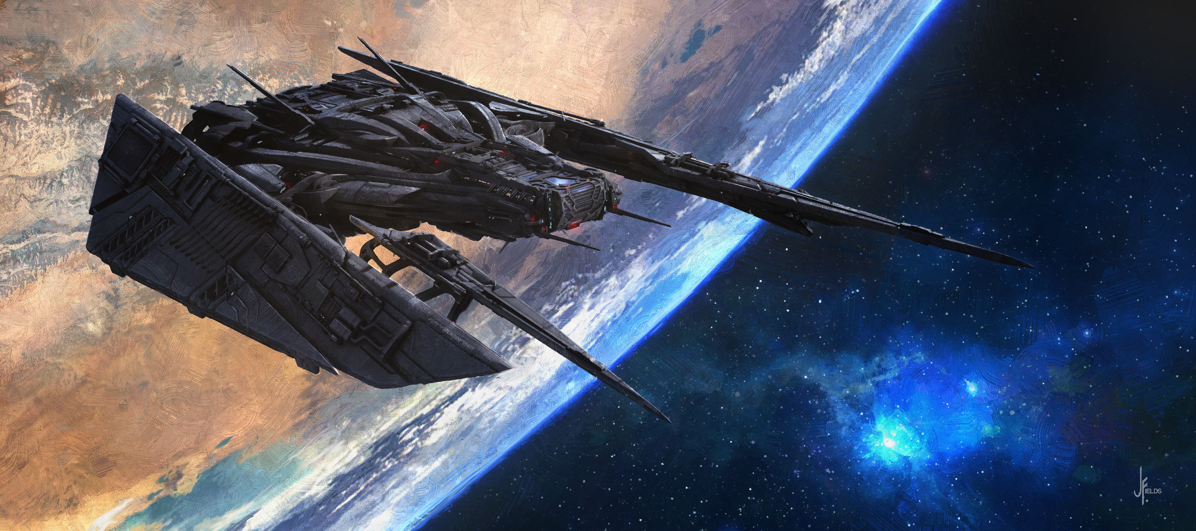 Futuristic spaceship above planet HD Wallpaper