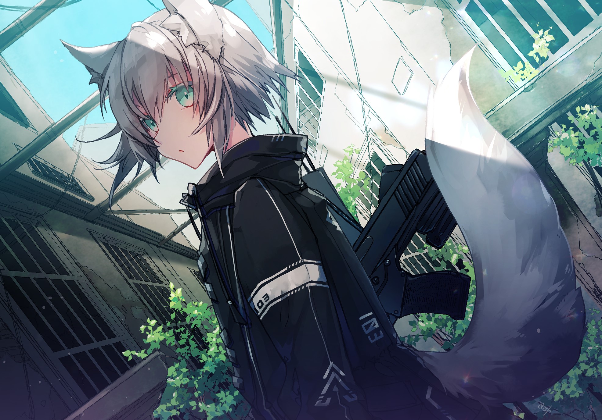 Anime girl with fox ears and tail holding a gun HD Wallpaper