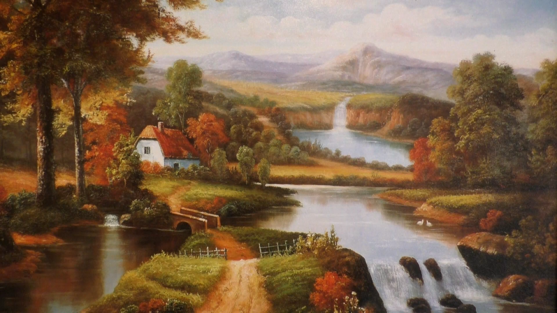 Autumn landscape with a house and waterfalls HD Wallpaper