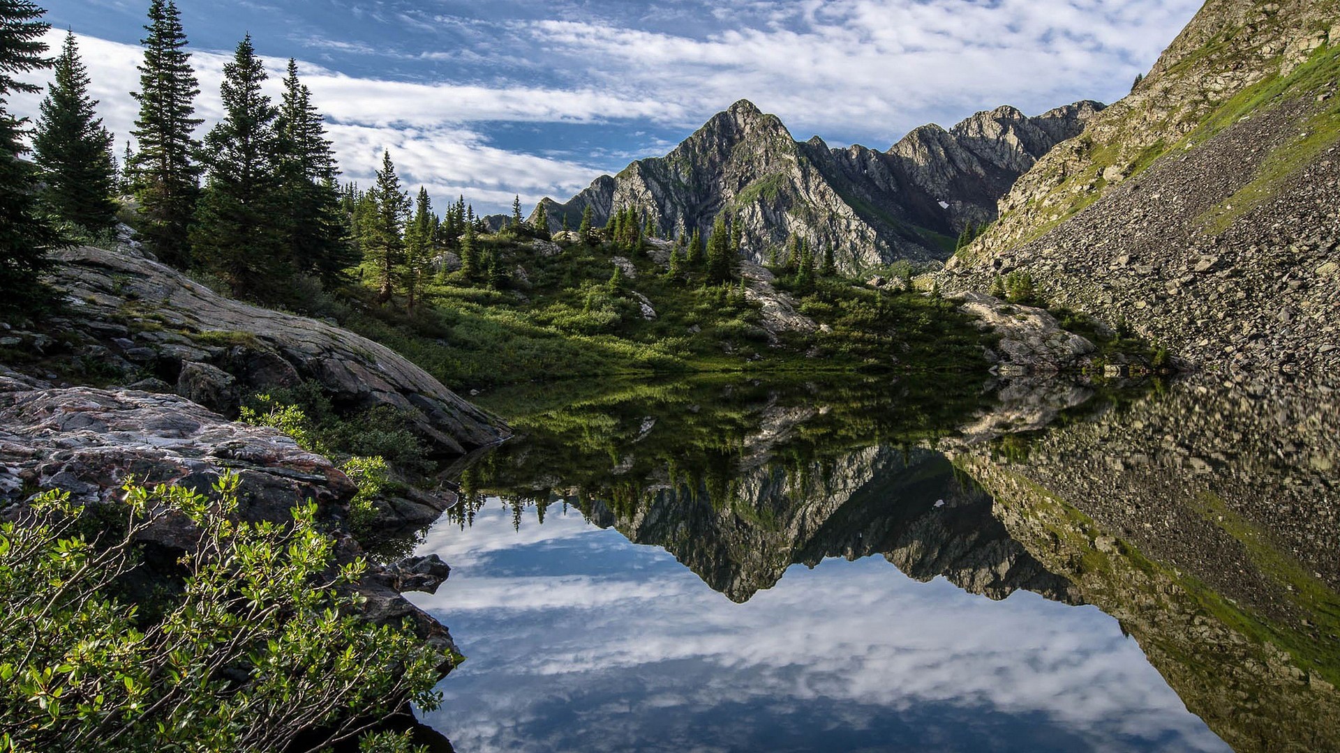 Mountain lake reflecting peaks and trees HD Wallpaper