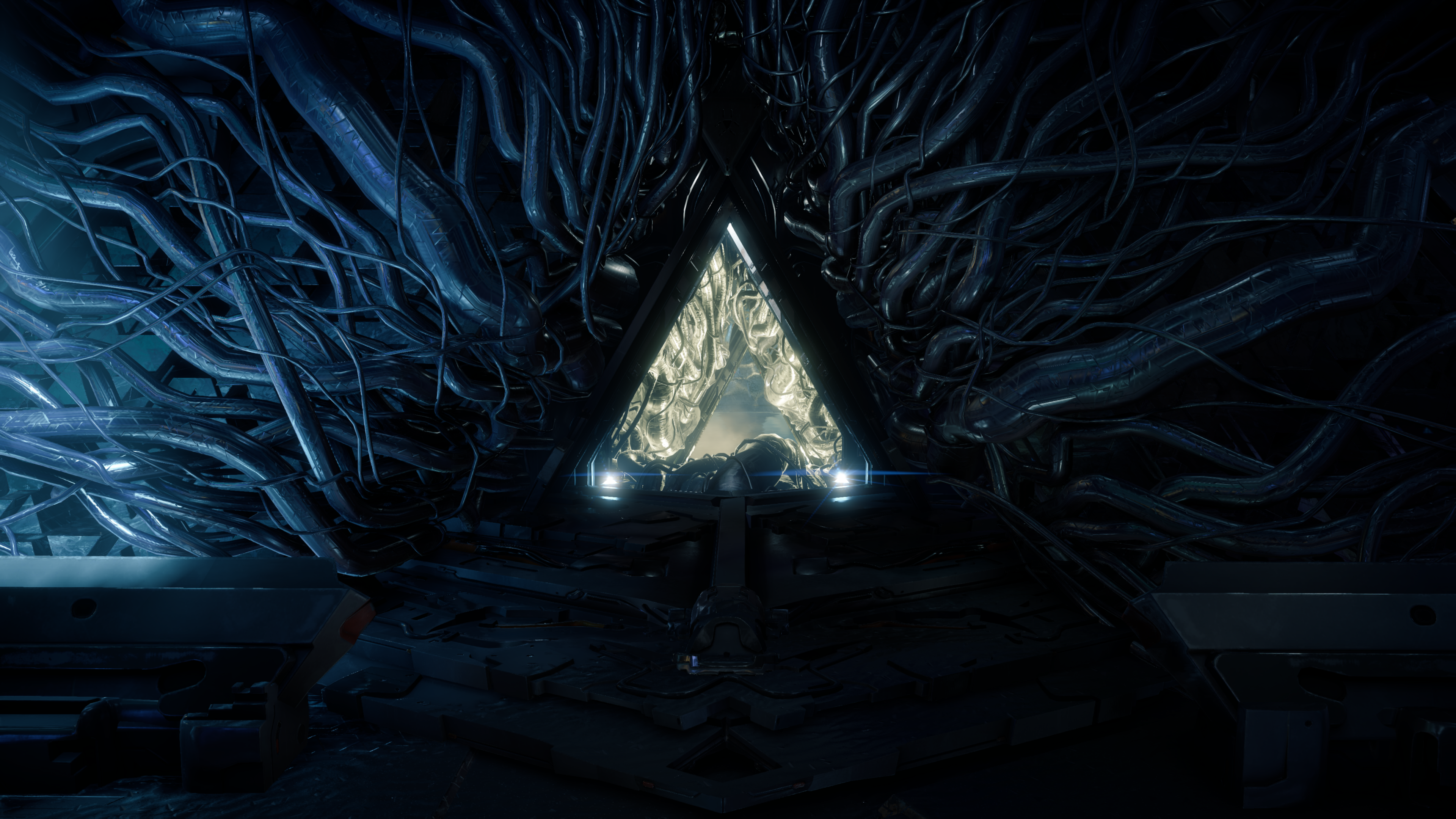 4K science fiction scene with wires and triangle portal HD Wallpaper