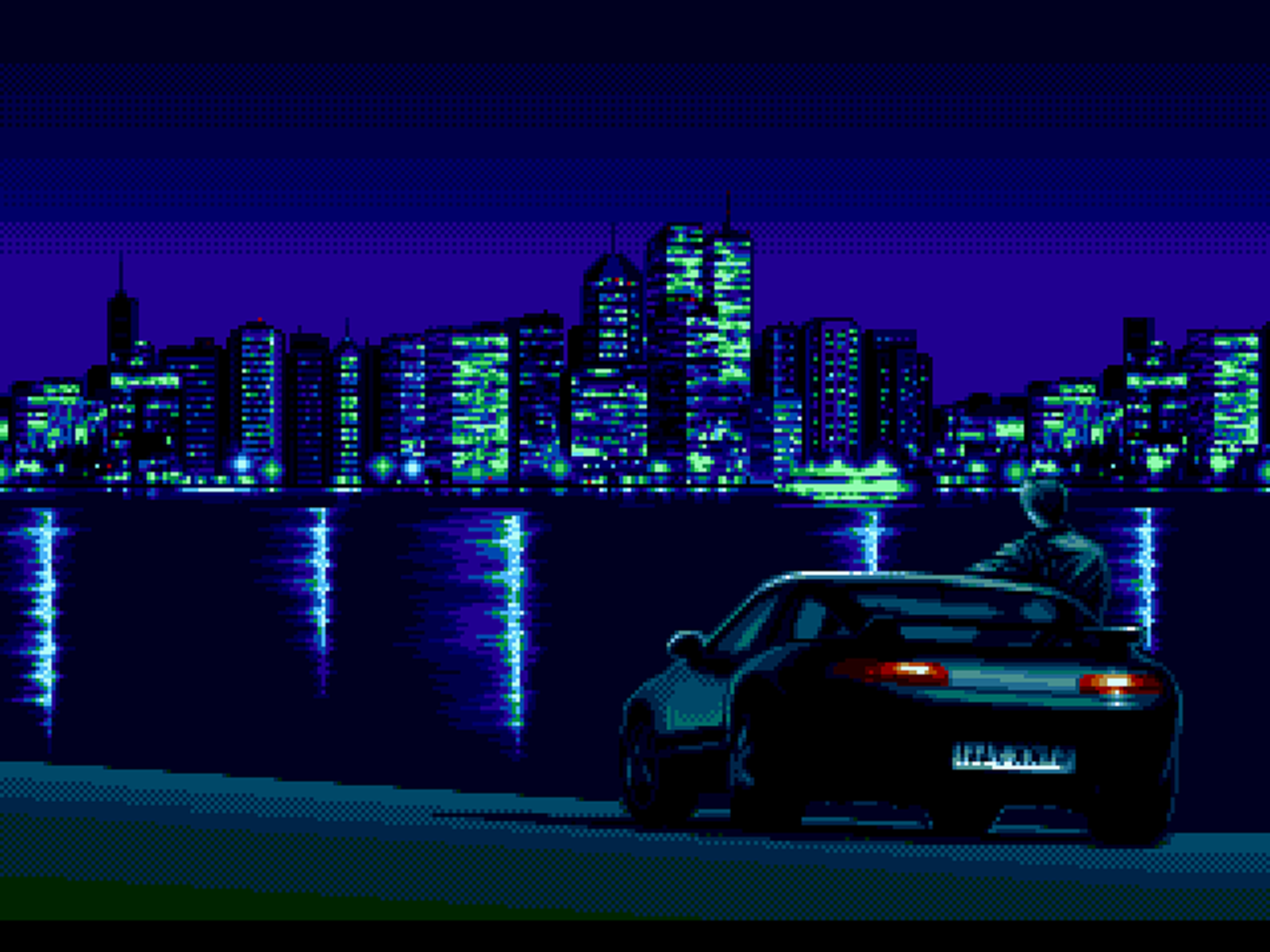 Pixel art cityscape at night with a car and person HD Wallpaper