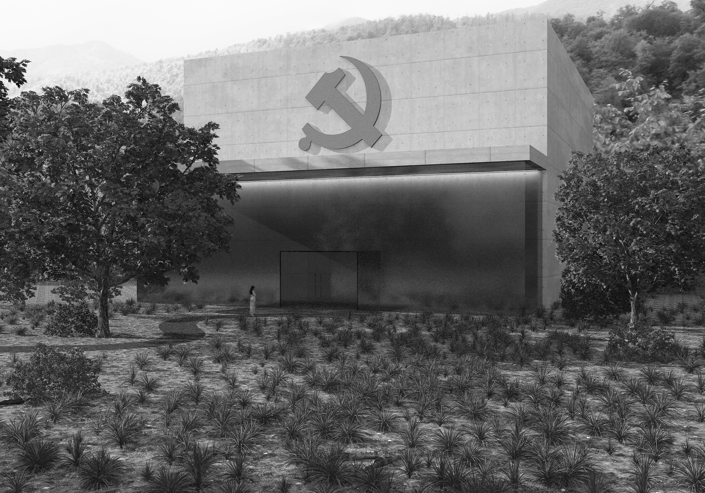 Concrete building with hammer and sickle symbol HD Wallpaper