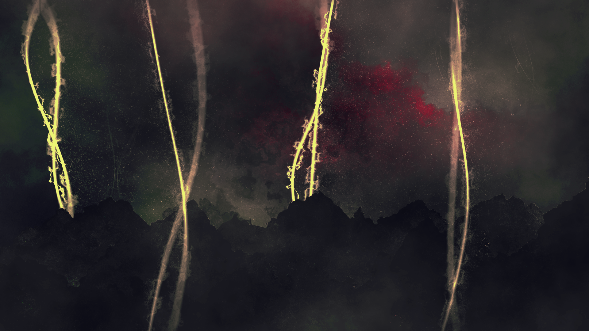 Dark apocalyptic landscape with glowing energy strands HD Wallpaper