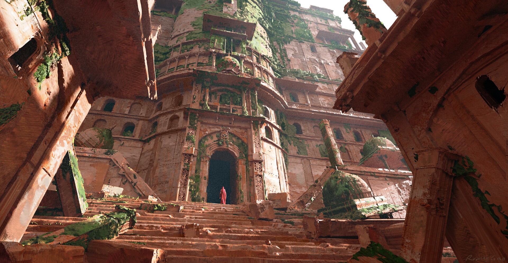 Ruined ancient building with a person in red HD Wallpaper