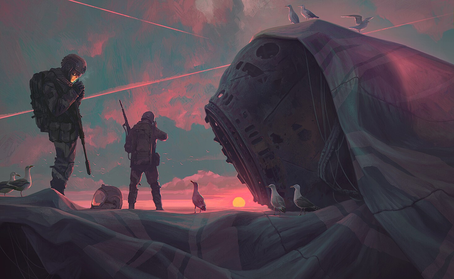 Soldiers and crashed object at sunset HD Wallpaper