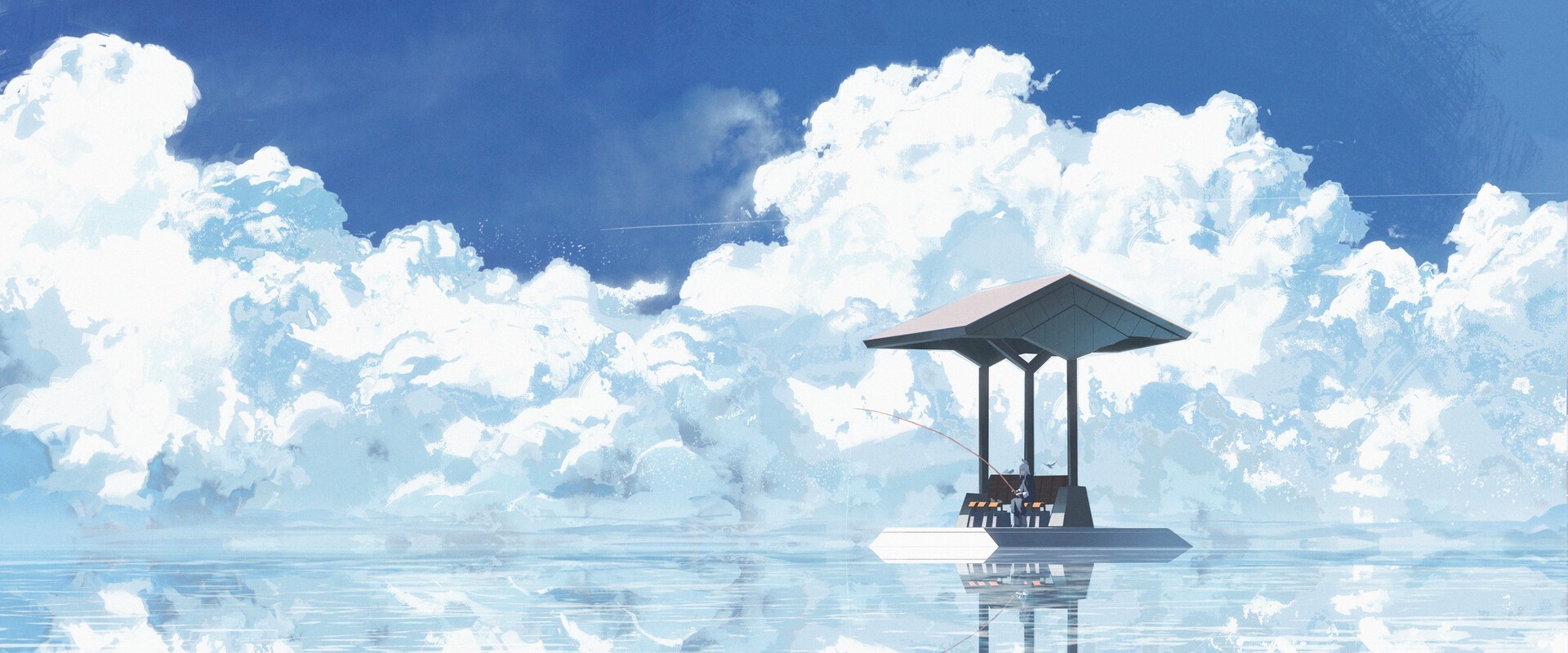 Anime fishing scene with large clouds over water HD Wallpaper