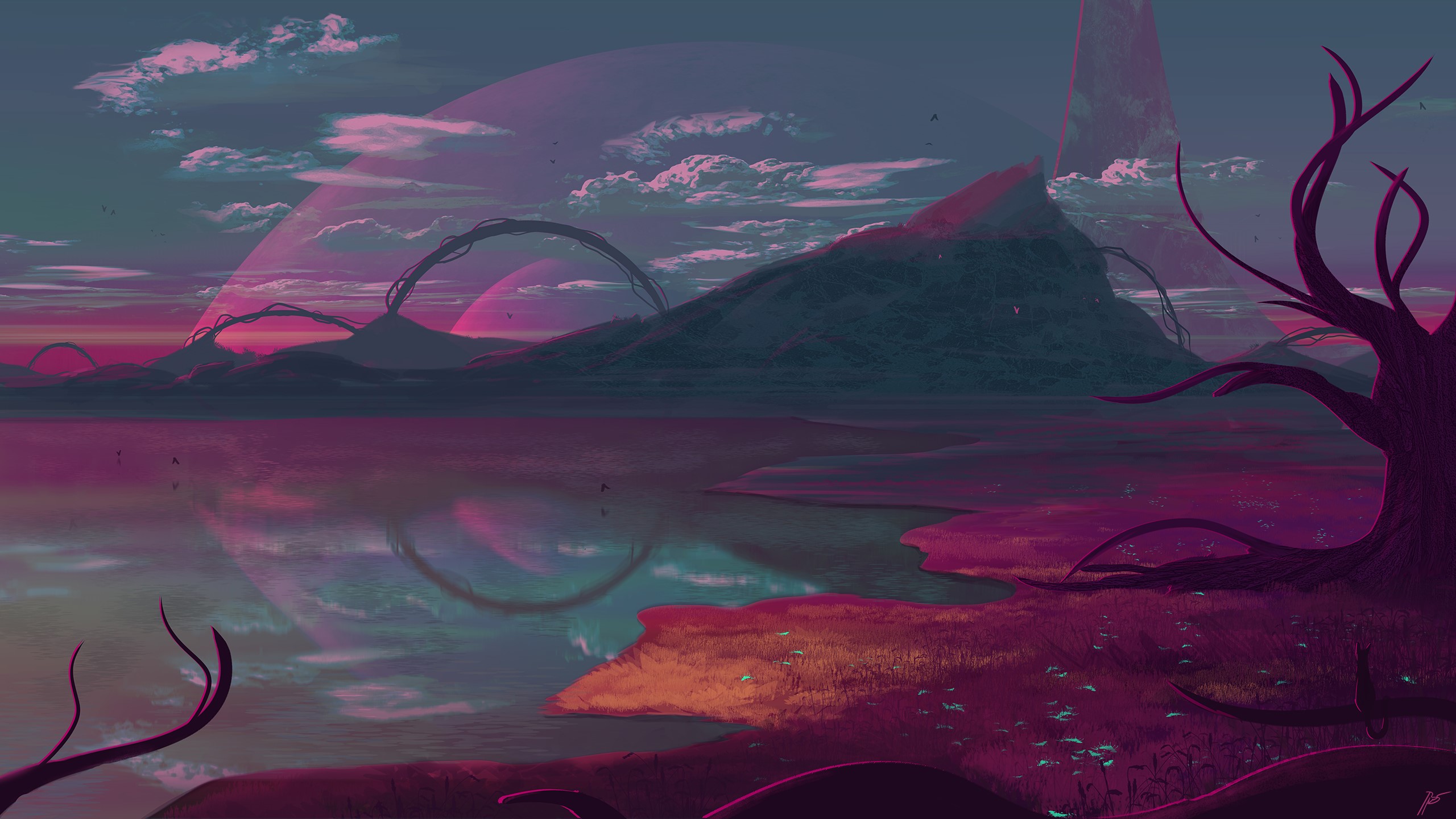 Alien world landscape with strange formations and reflections HD Wallpaper