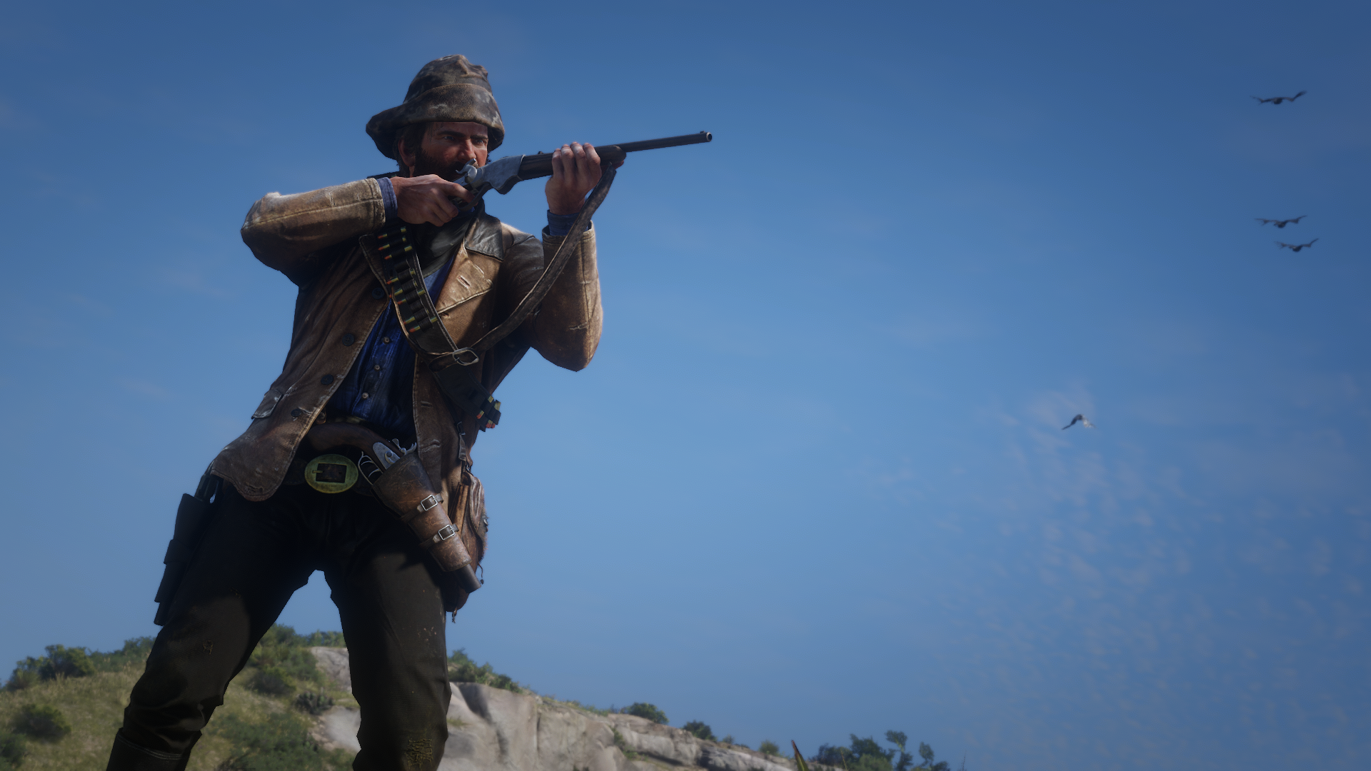 Arthur Morgan aiming a rifle in Red Dead Redemption 2 HD Wallpaper
