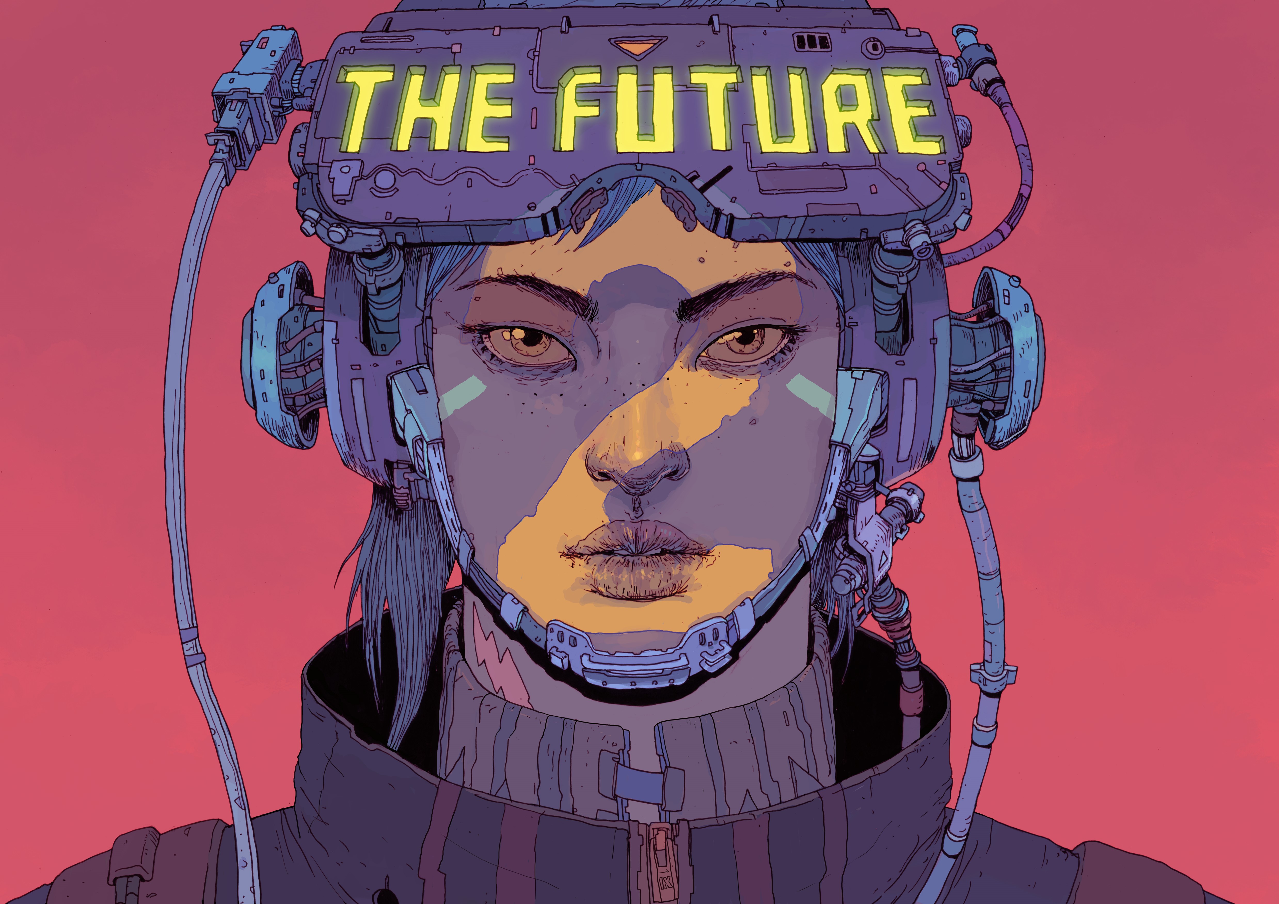 Woman with futuristic VR headset displaying 'THE FUTURE' HD Wallpaper