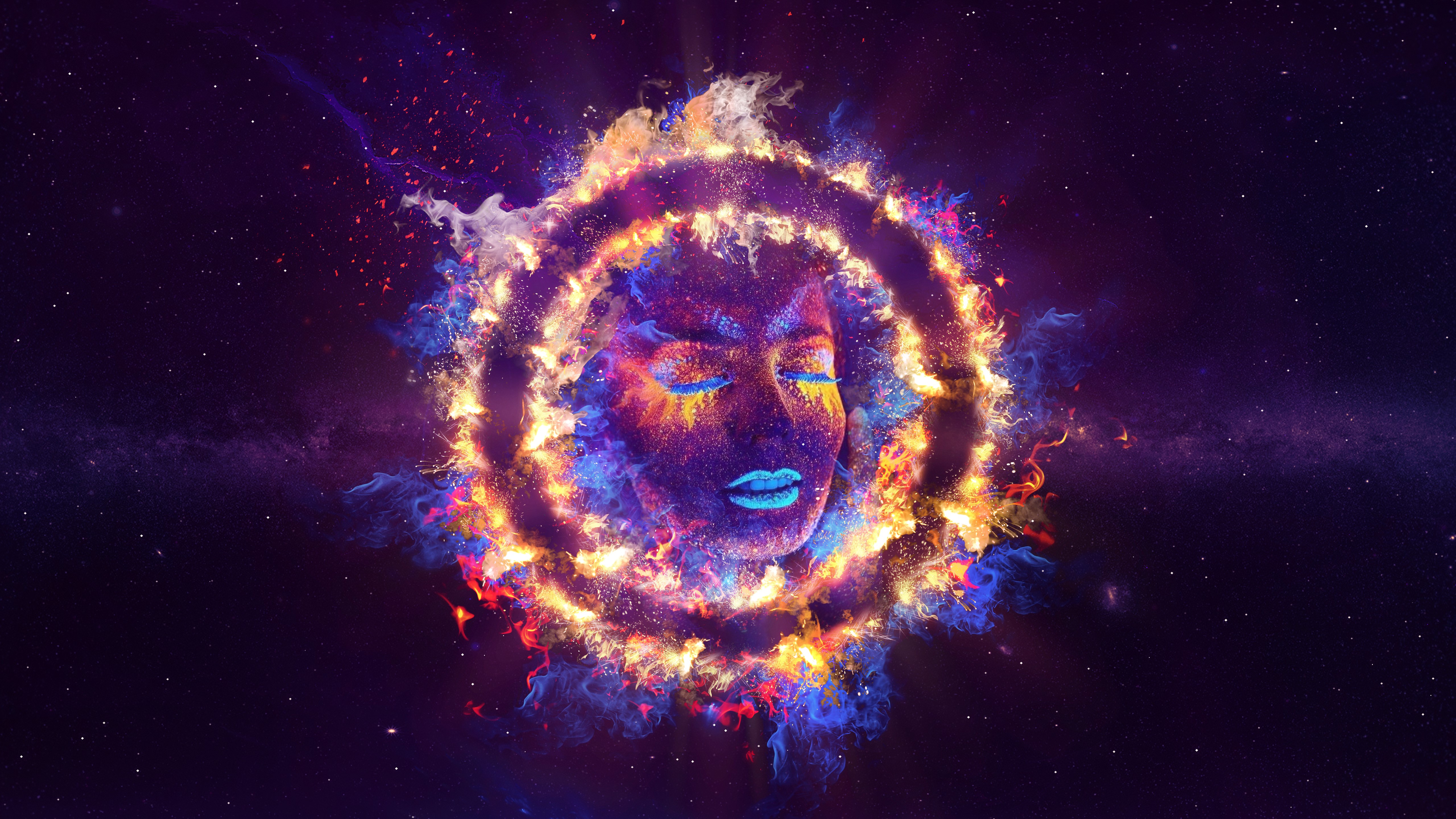 Digital art of a woman's face in a fiery ring HD Wallpaper