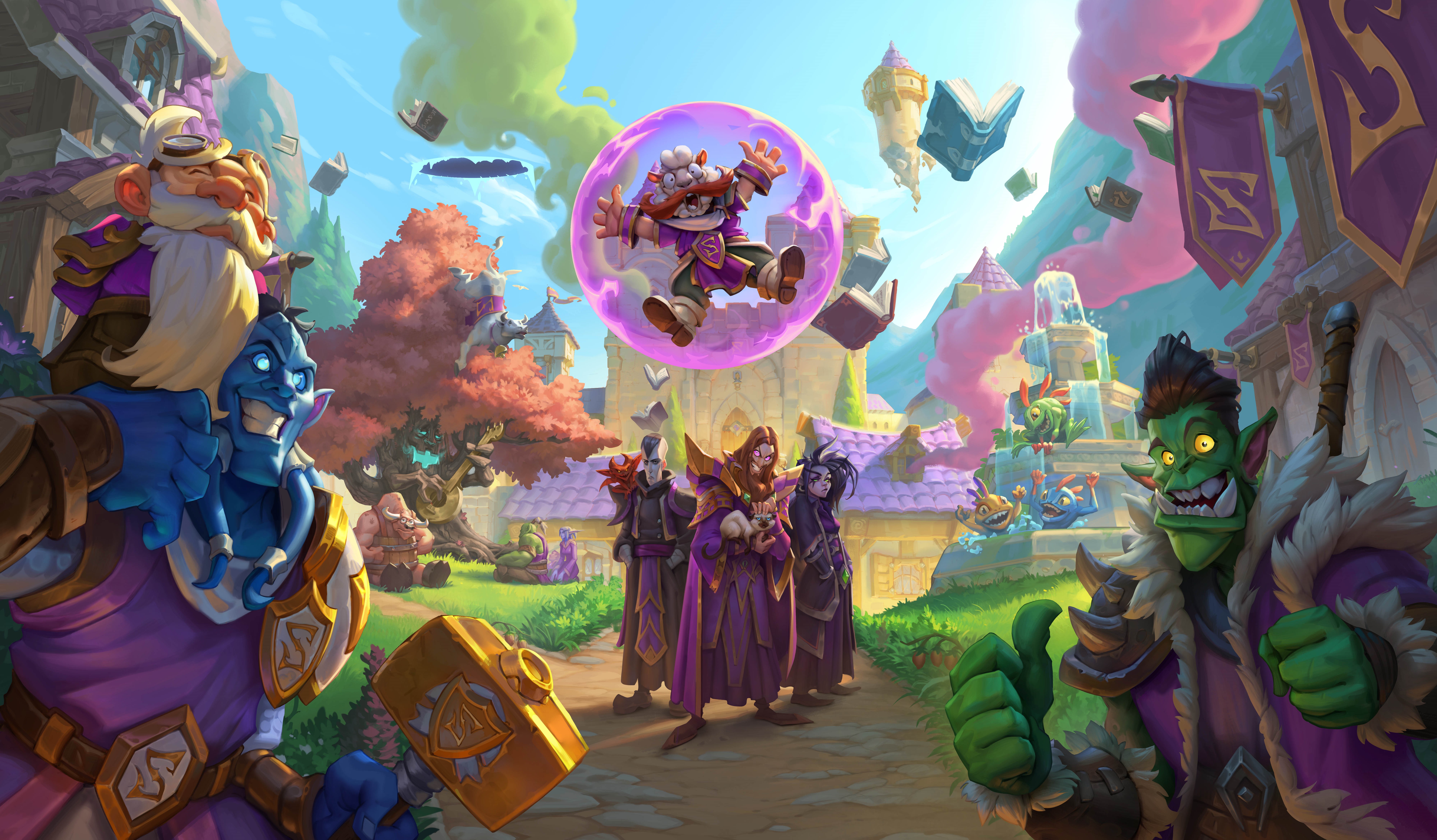 Hearthstone: Whizbang's Workshop Characters in Fantasy Setting HD Wallpaper