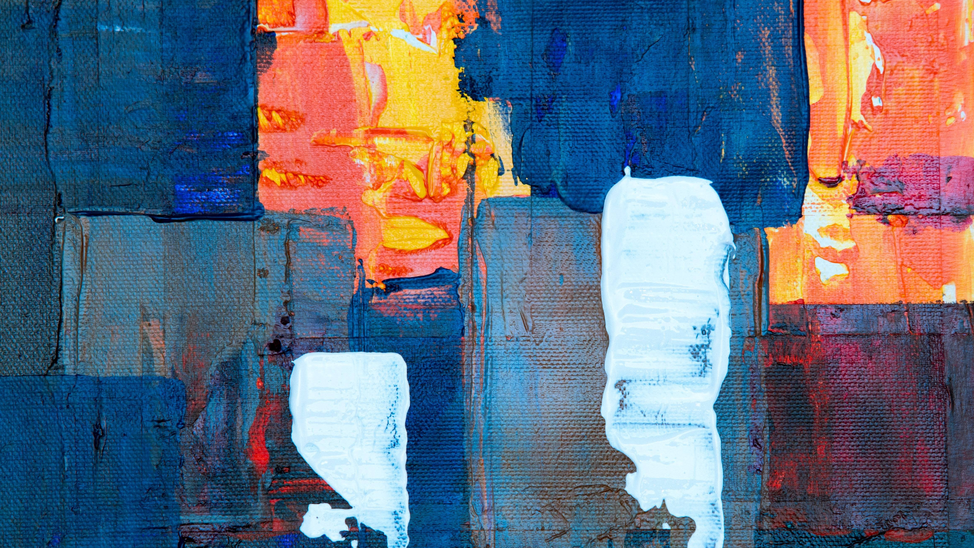 Abstract painting with blue, orange, and white textures HD Wallpaper