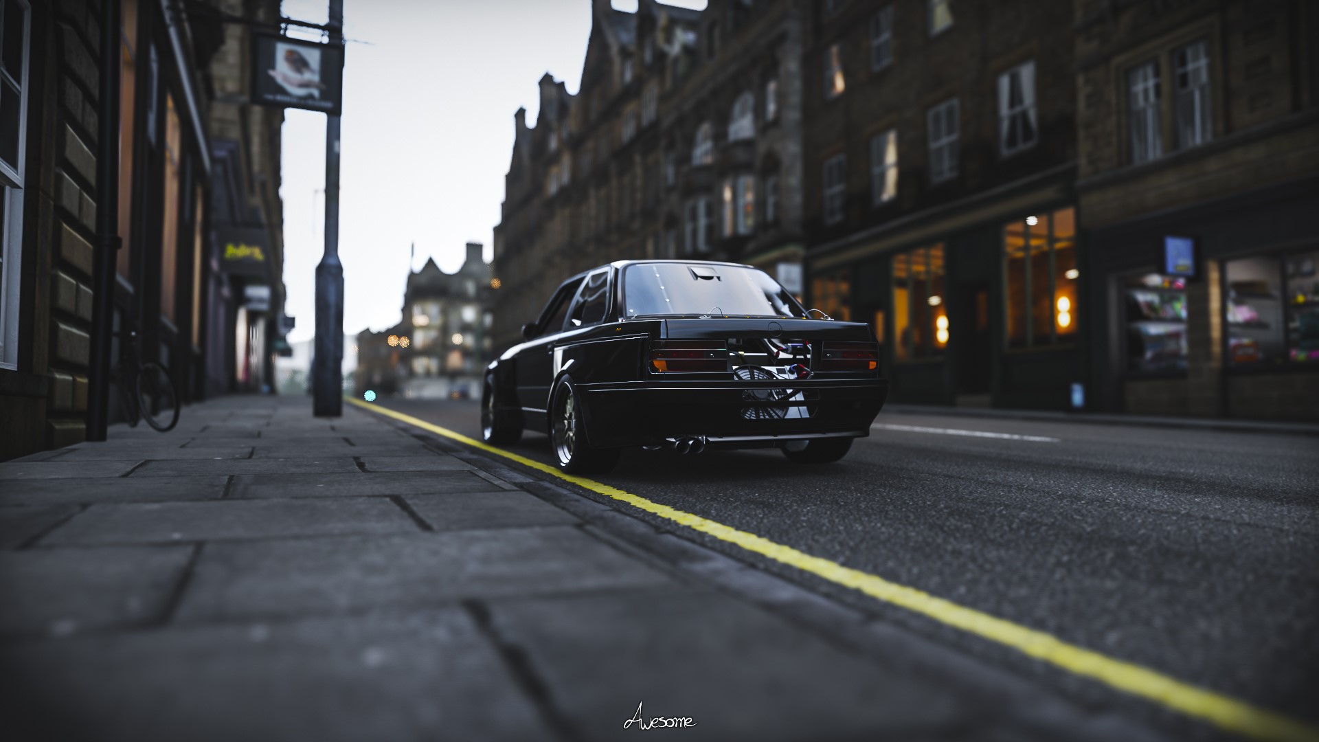 Black BMW 325i driving on a city street HD Wallpaper