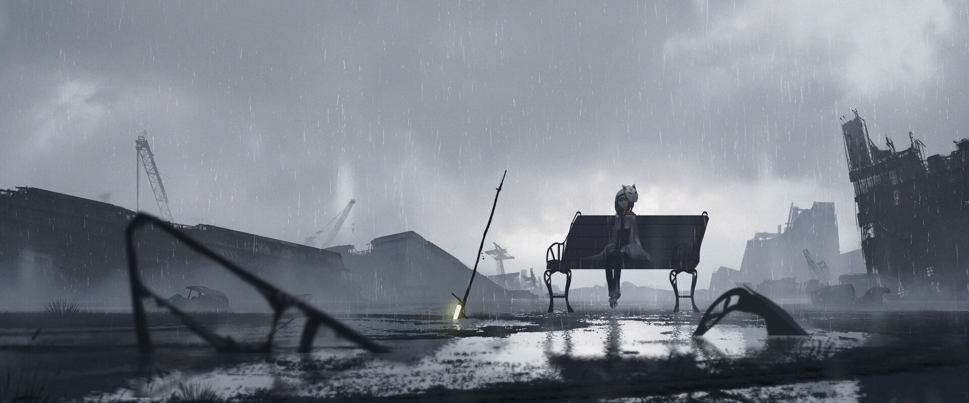 Girl with mask sitting on bench in ruins during rain HD Wallpaper