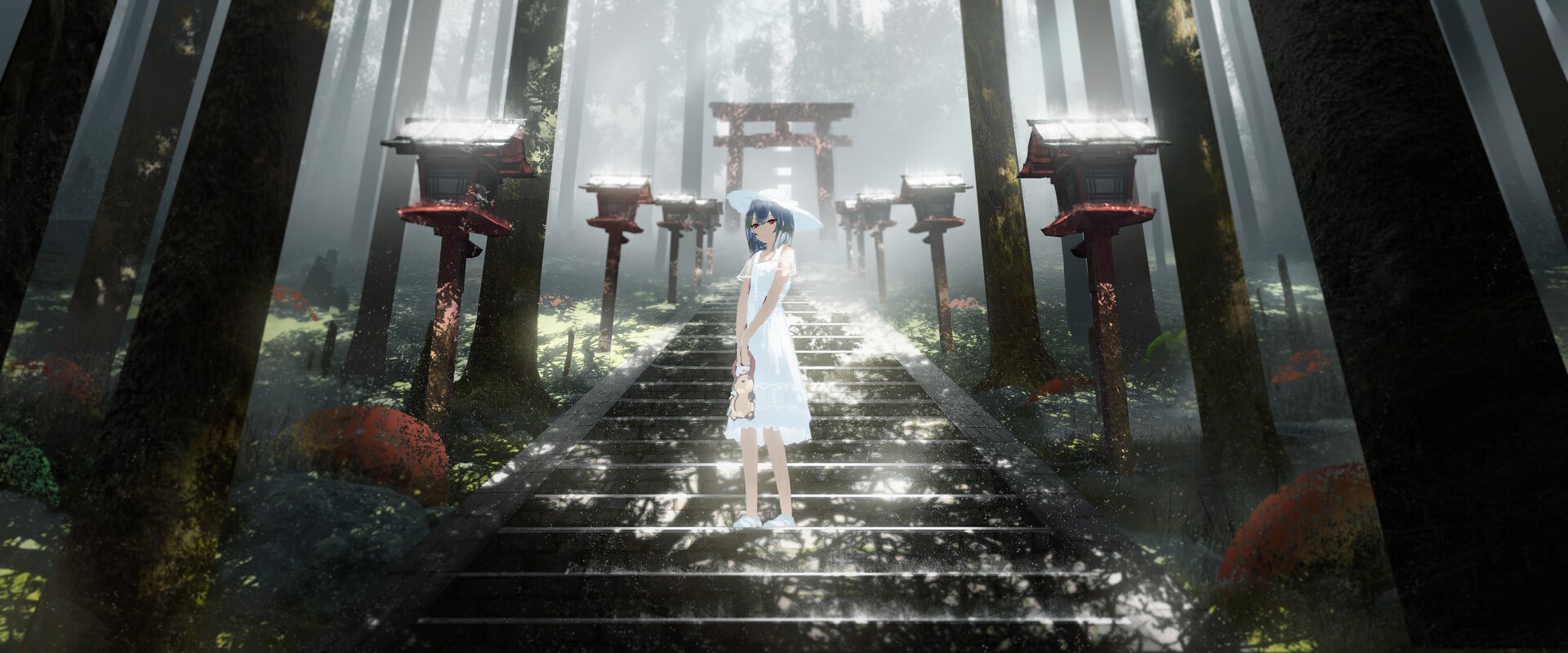 Girl in white dress on stairs in forest with torii gate HD Wallpaper