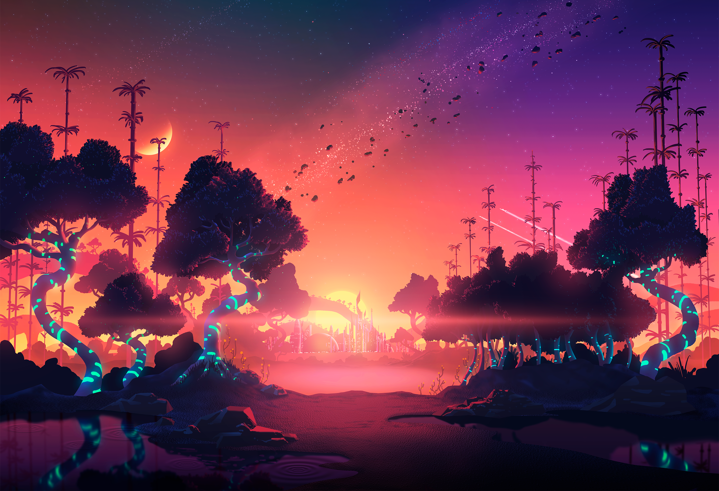 Alien planet landscape with glowing trees at sunset HD Wallpaper