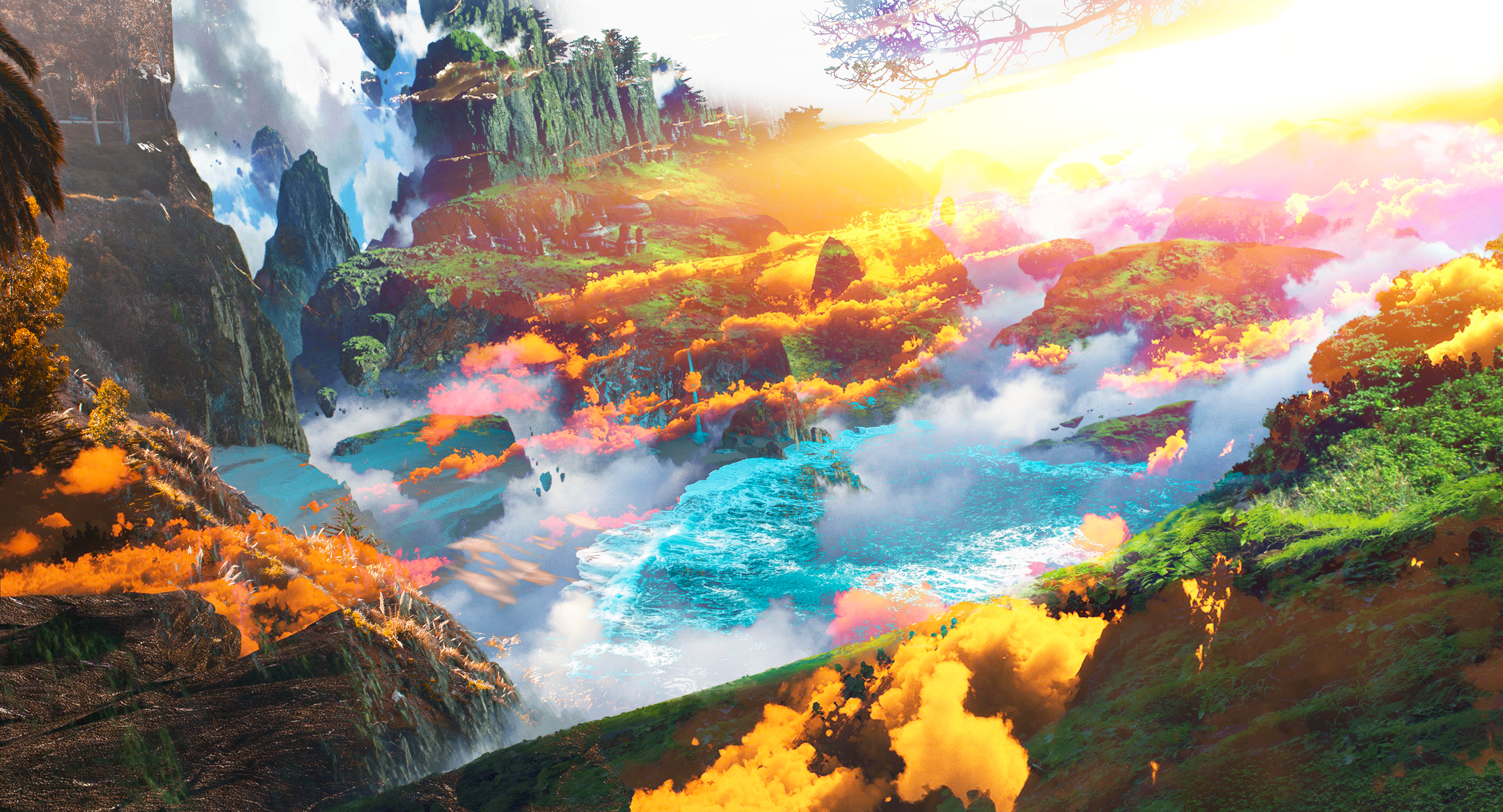 Digital art landscape with floating islands and waterfalls HD Wallpaper