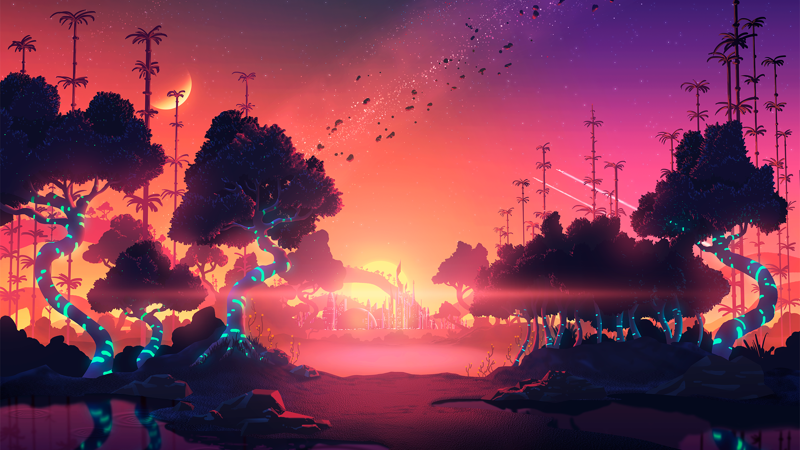 Alien landscape with glowing trees and a crescent moon HD Wallpaper
