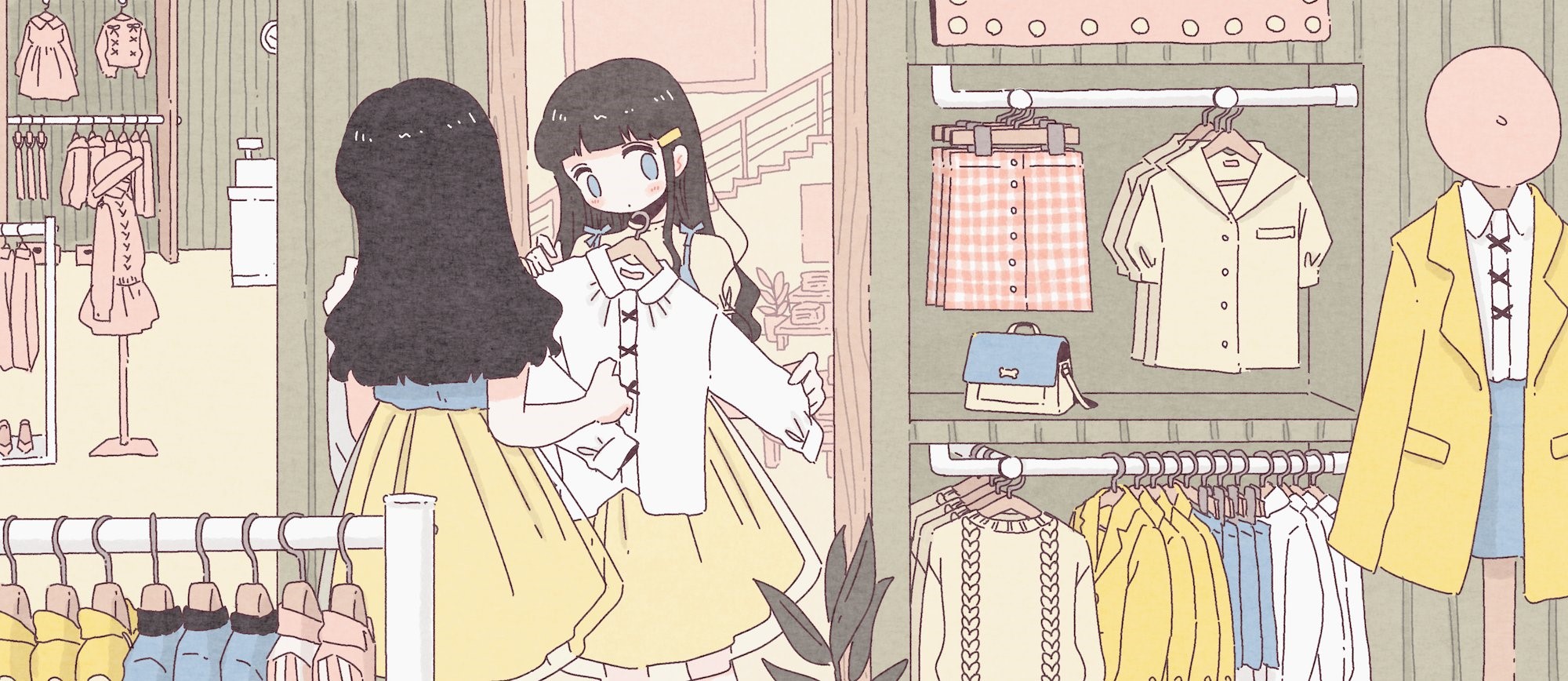 Anime girls shopping for clothes in a boutique HD Wallpaper