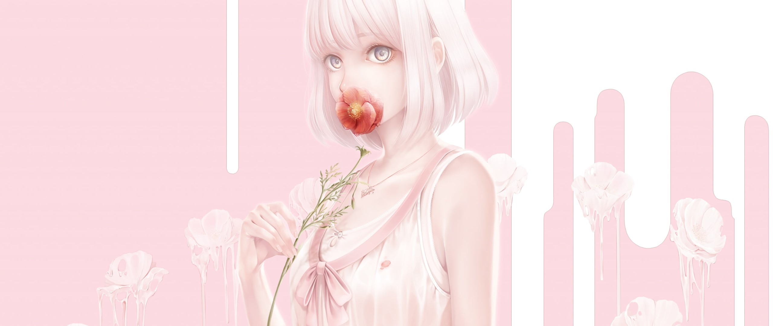 Anime girl with pink dress holding a flower HD Wallpaper