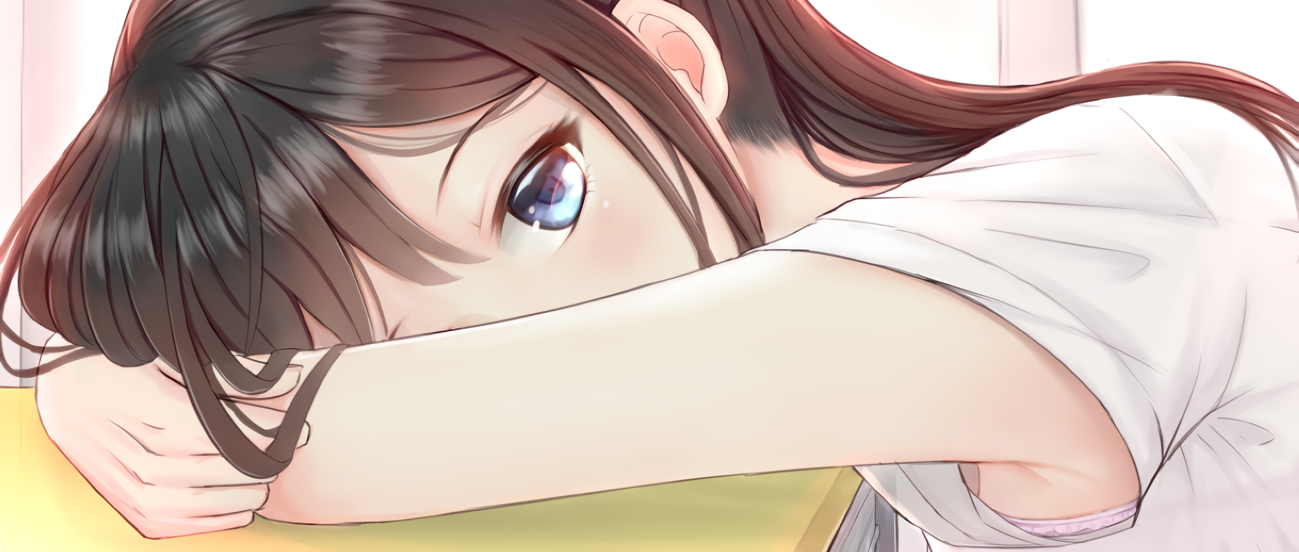 Serene Anime Girl with Blue Eyes Resting HD Wallpaper