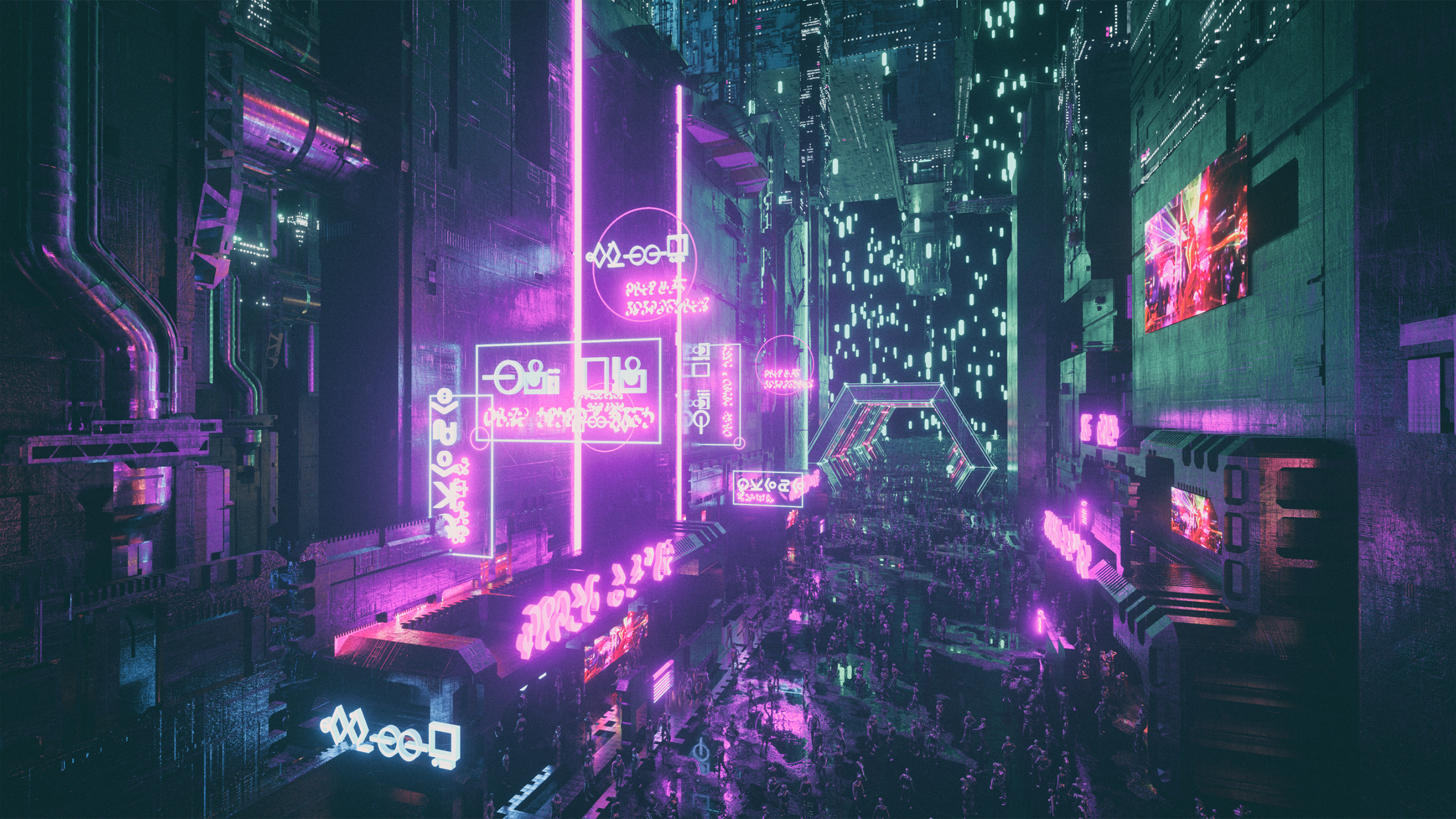 Cyberpunk city street with neon signs and crowds HD Wallpaper
