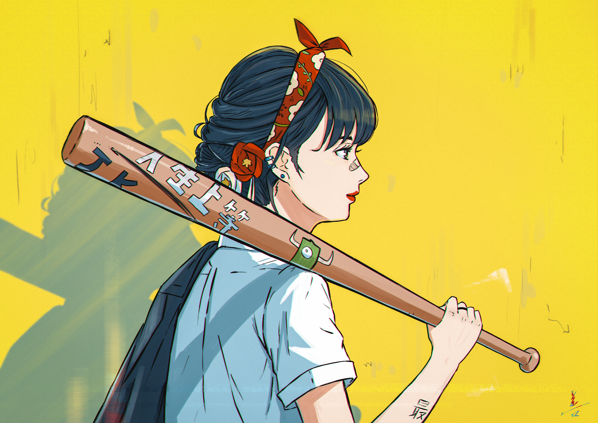 Anime girl with baseball bat on yellow background HD Wallpaper