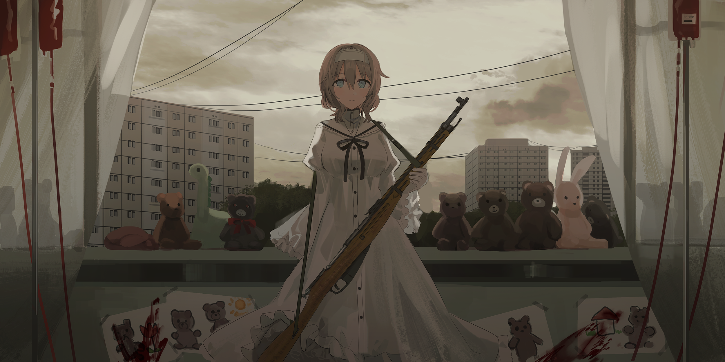 Anime girl with rifle and teddy bears HD Wallpaper