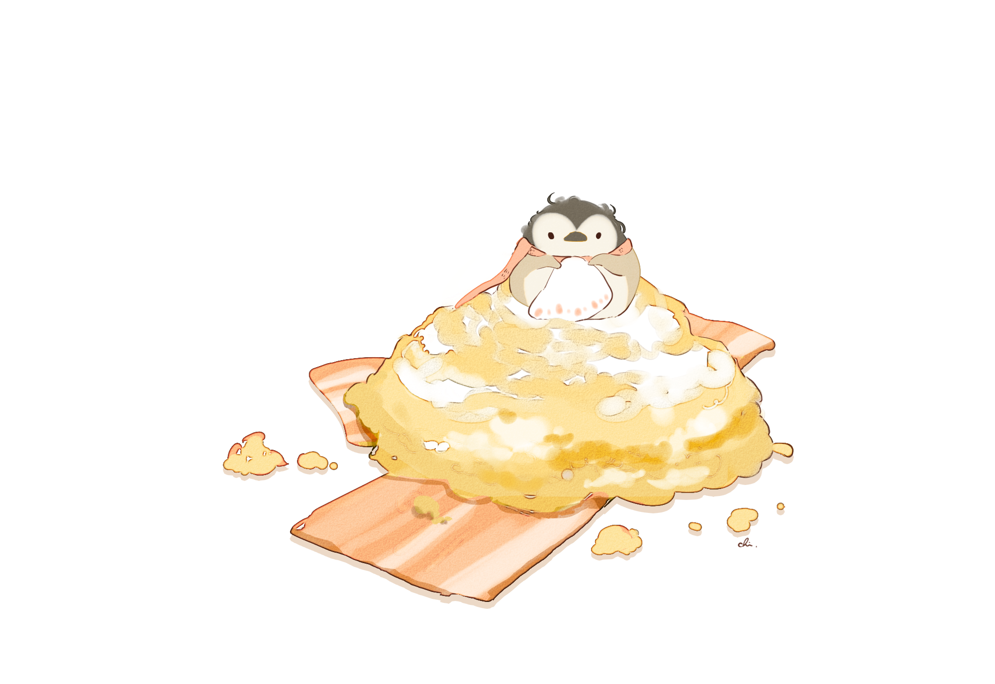 Penguin on a pile of food with bacon HD Wallpaper
