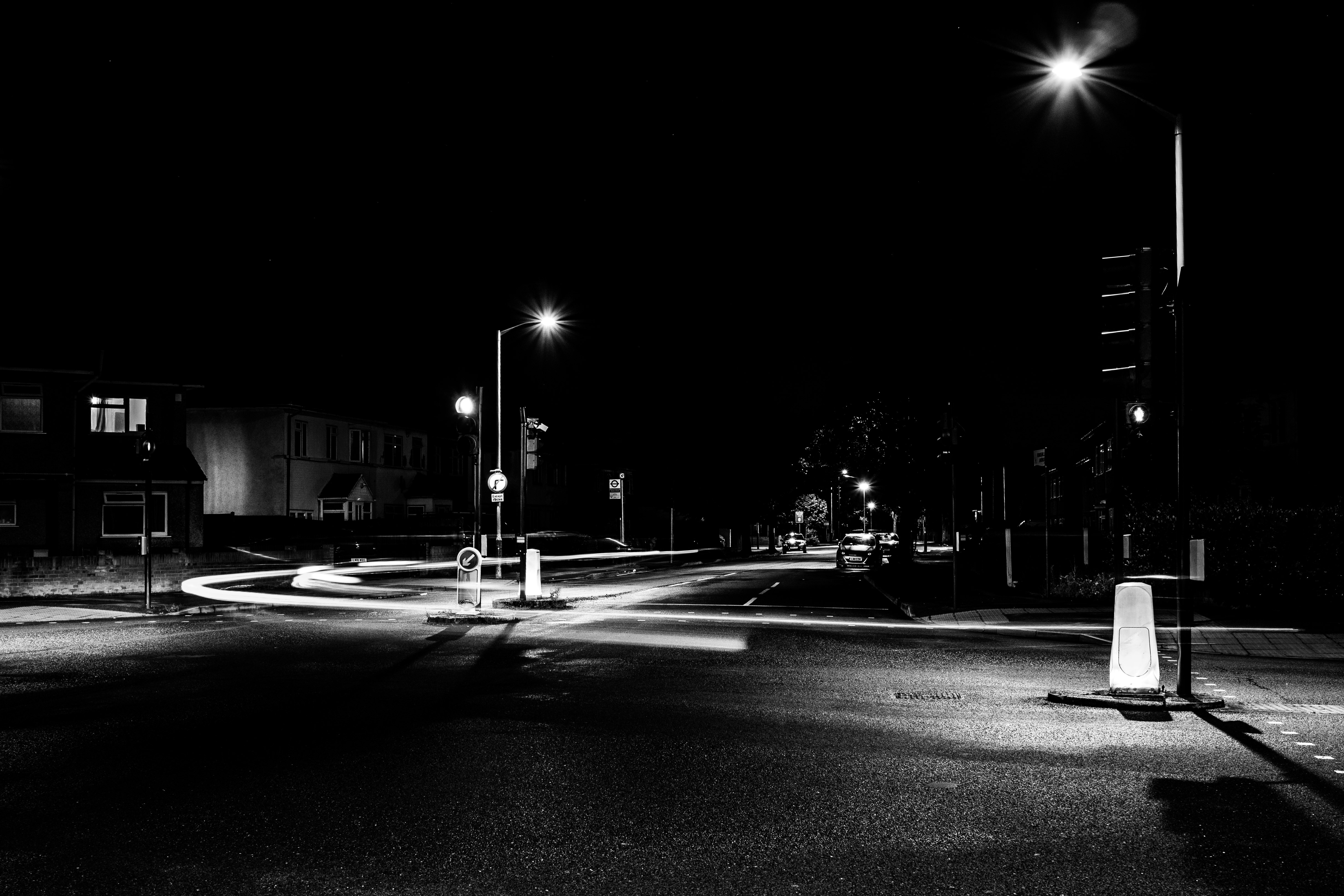 Night street with light trails in London HD Wallpaper