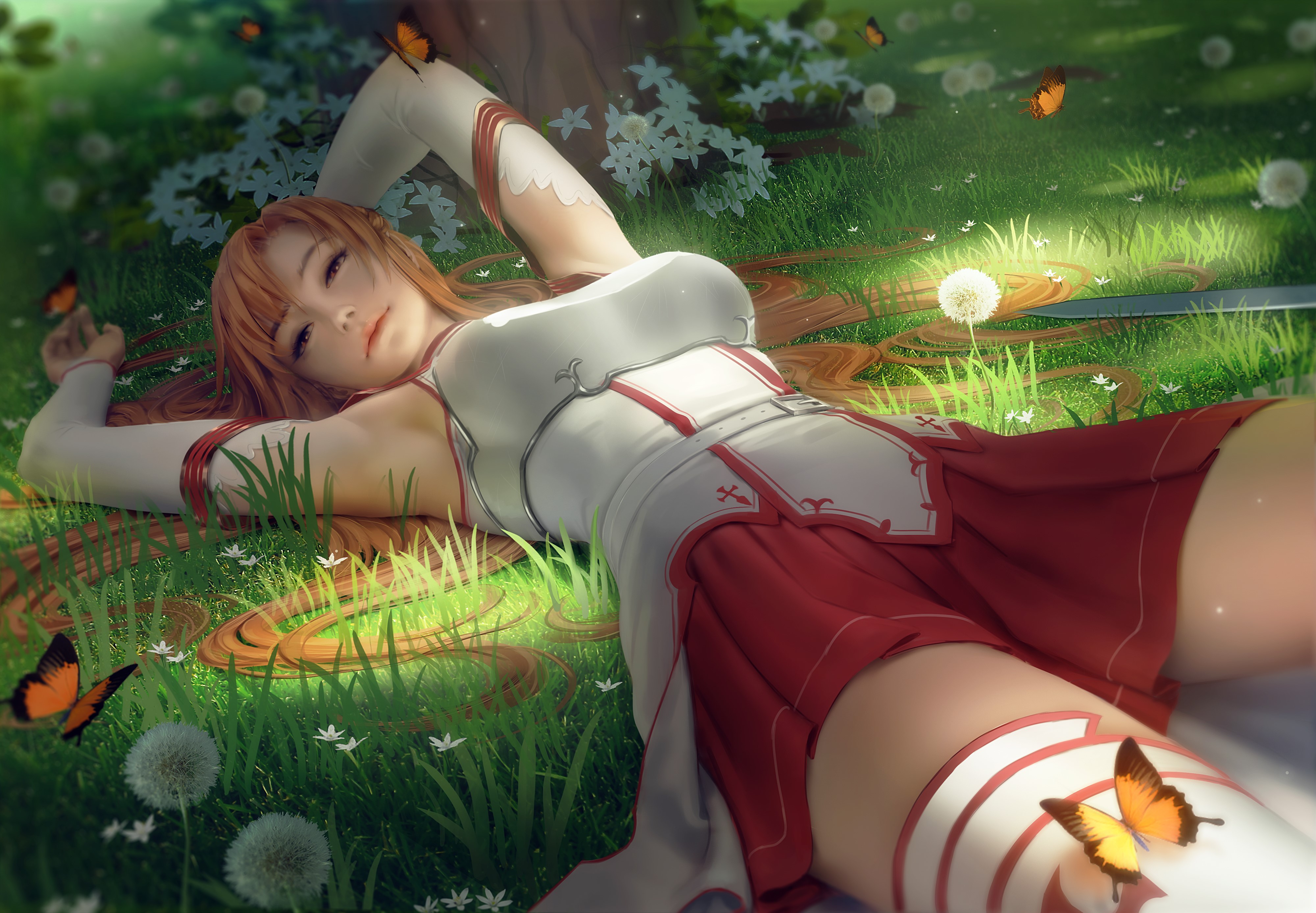 Yuuki Asuna from Sword Art Online lying on grass HD Wallpaper