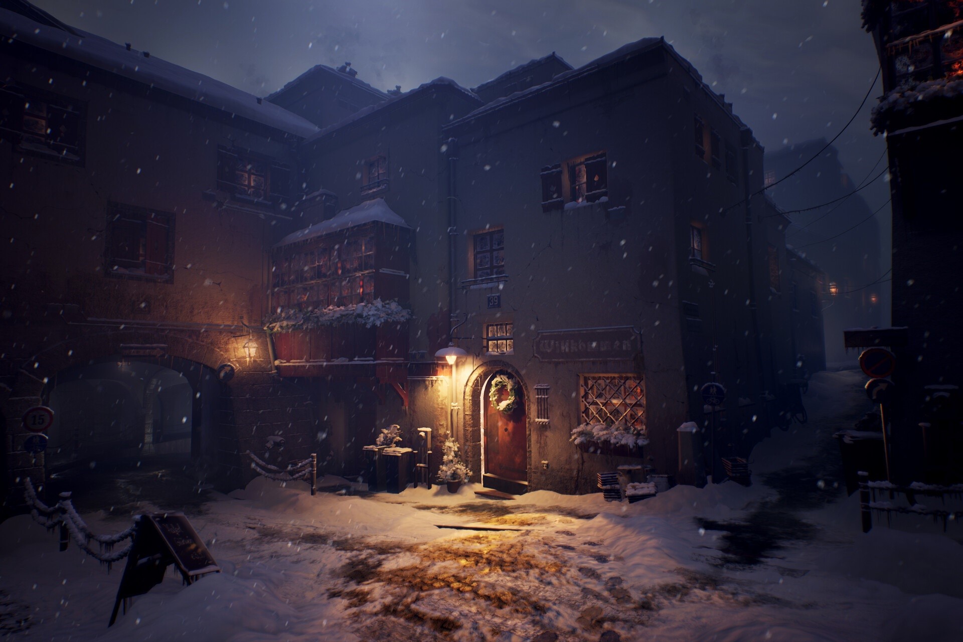 Snowing Village at Night with Christmas Wreath HD Wallpaper