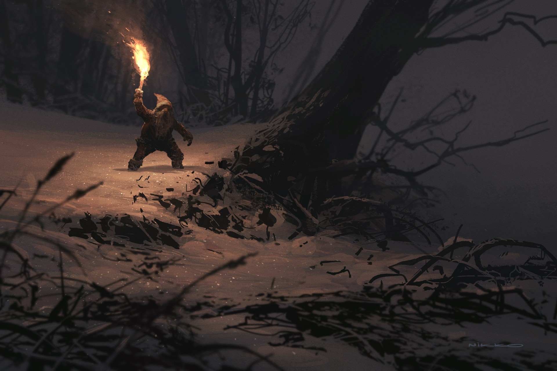A figure with a torch in a snowy forest at night HD Wallpaper