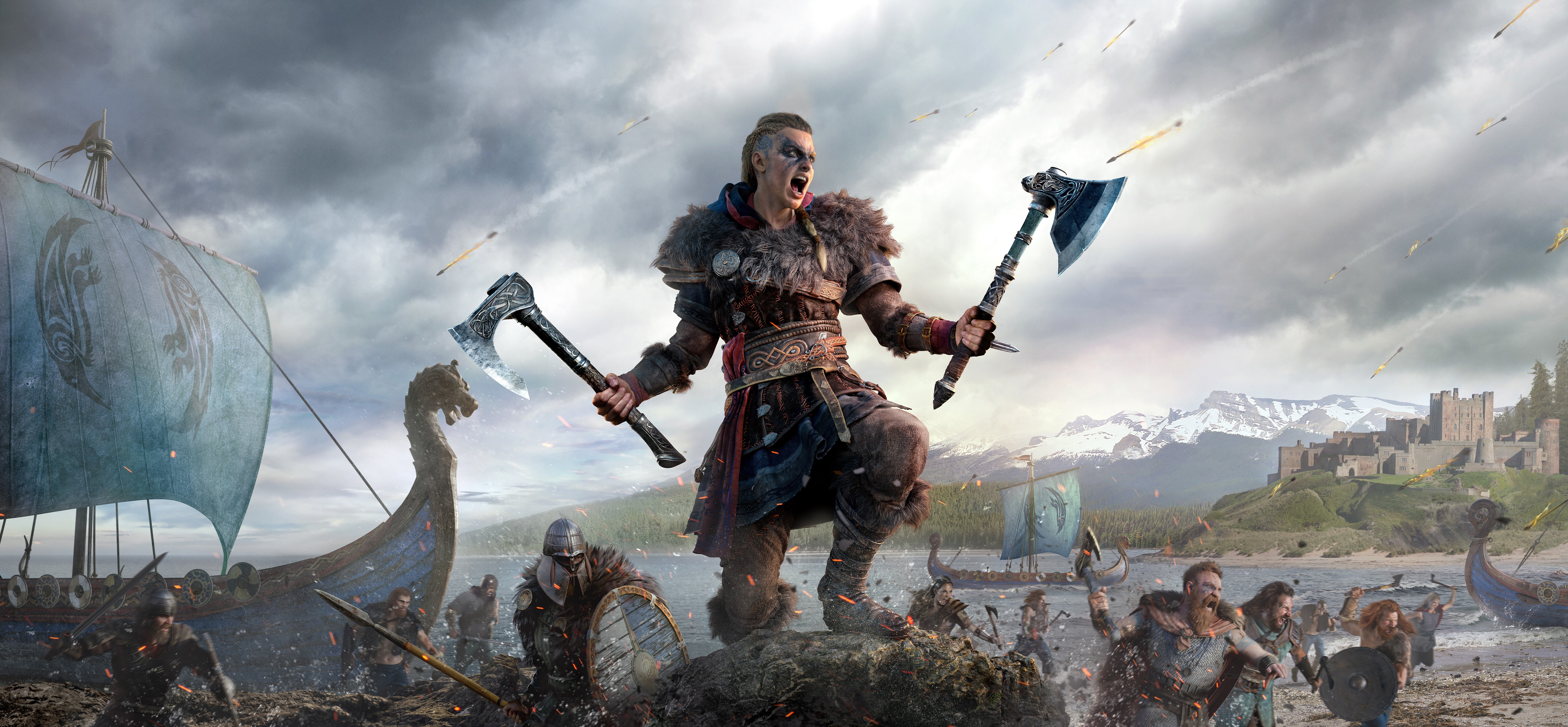Eivor from Assassin's Creed Valhalla with axes and Vikings HD Wallpaper