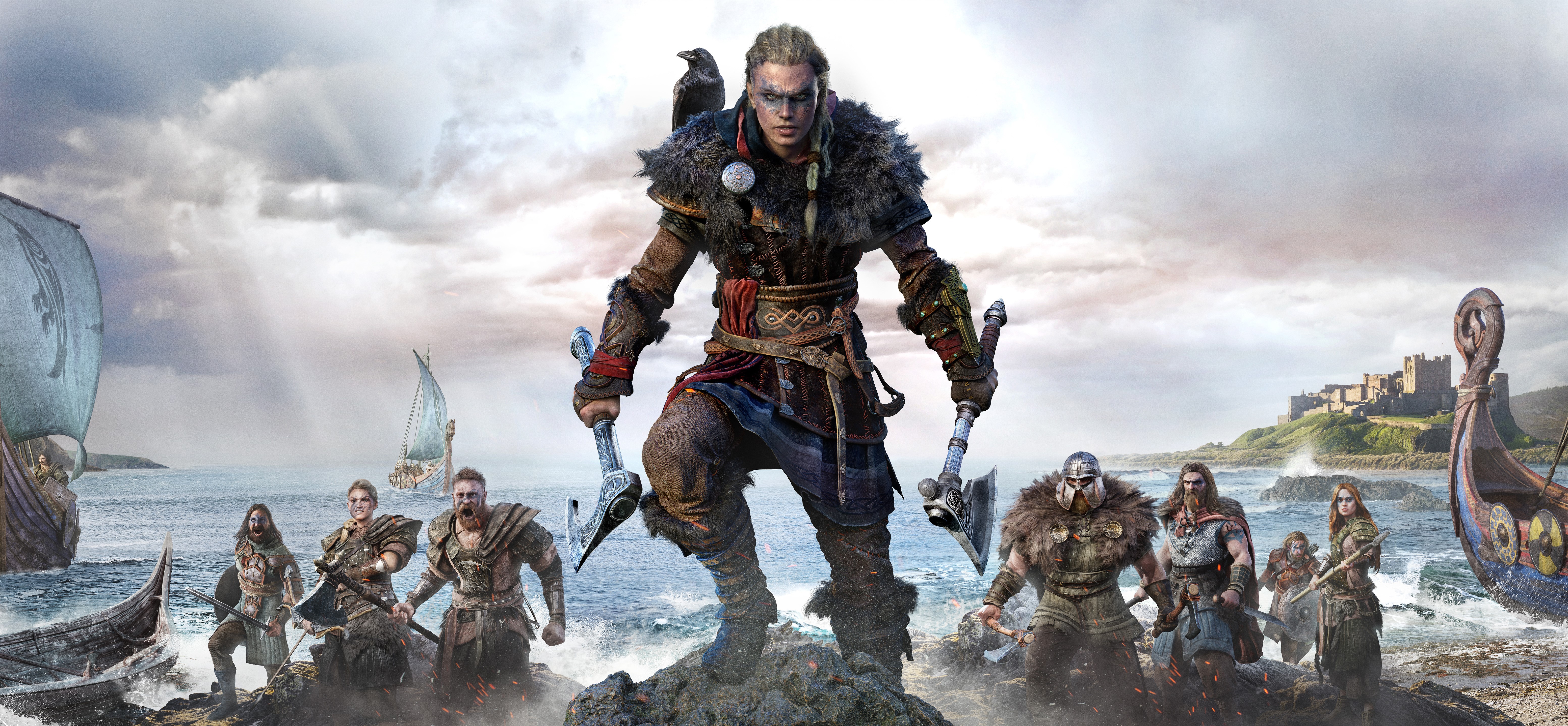 Eivor and Vikings from Assassin's Creed: Valhalla with longships HD Wallpaper