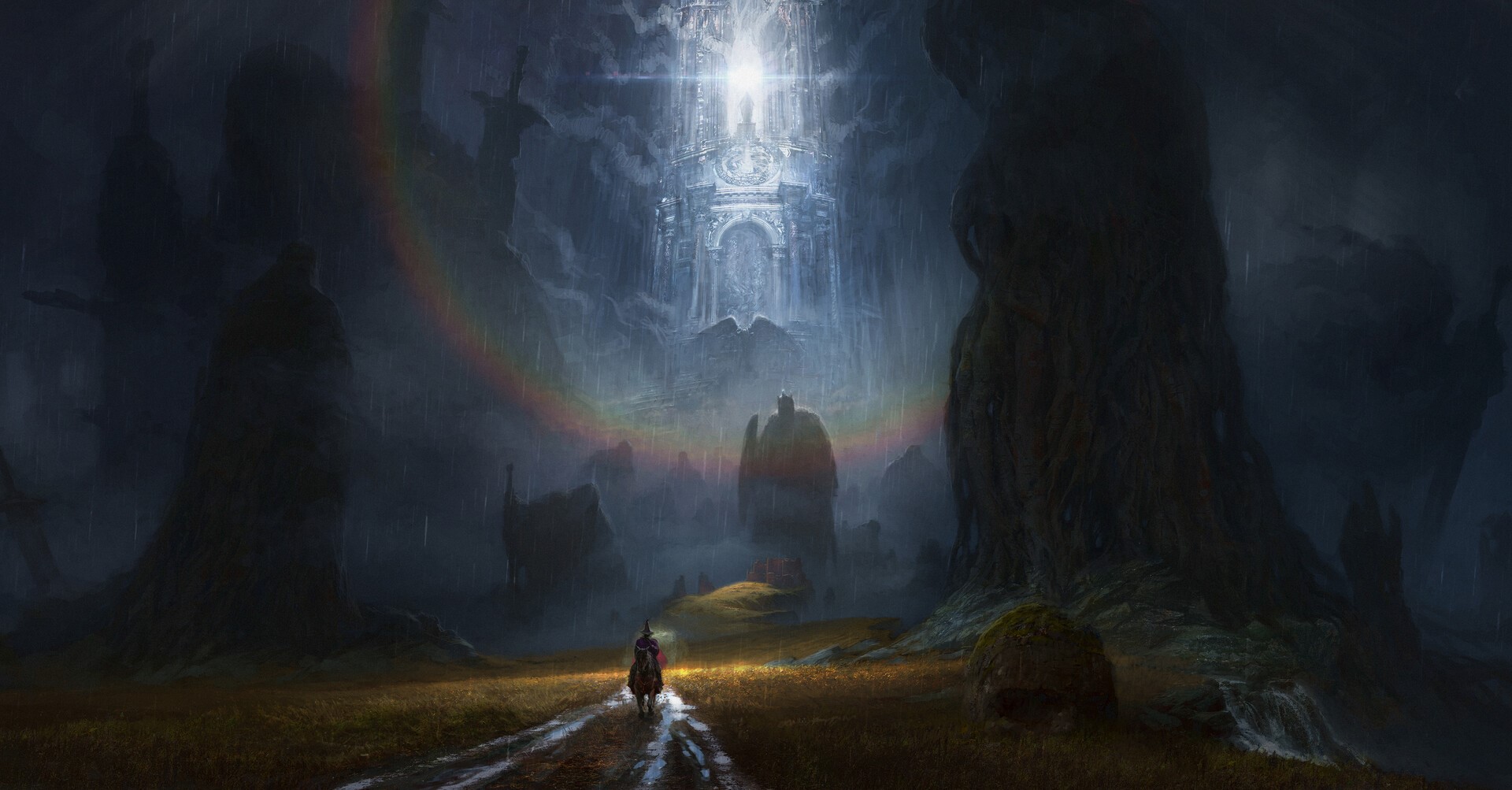 Fantasy art of a knight approaching a glowing castle HD Wallpaper