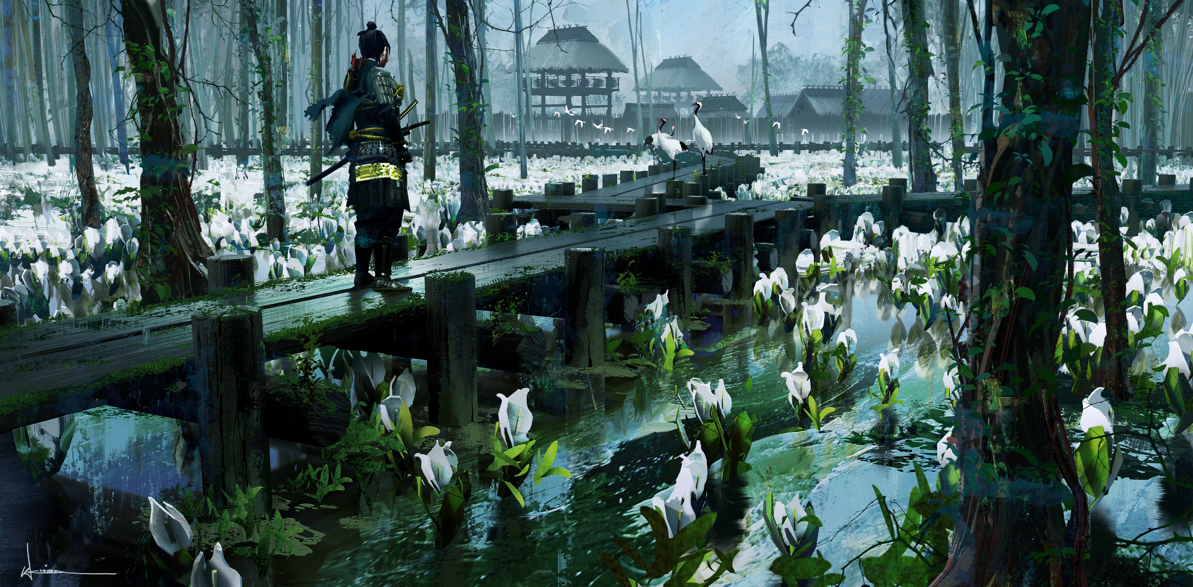 Ronin on a wooden walkway in Ghost of Tsushima HD Wallpaper