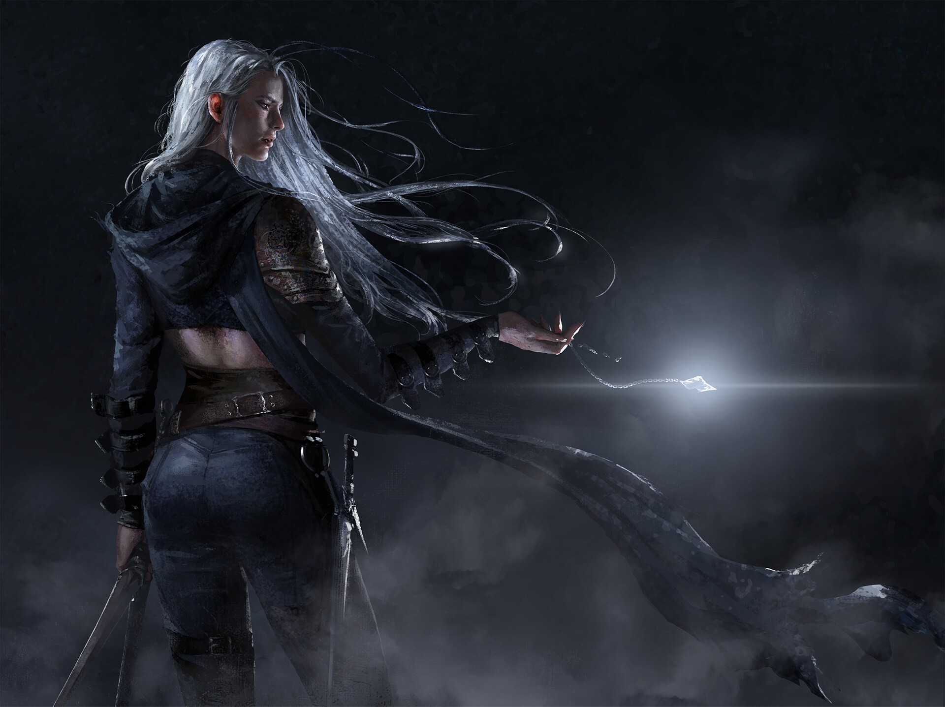 Woman with white hair holding a glowing object HD Wallpaper