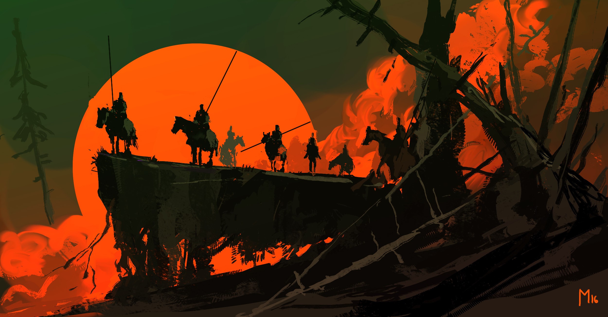 Knights on horseback at sunset with a large orange moon HD Wallpaper