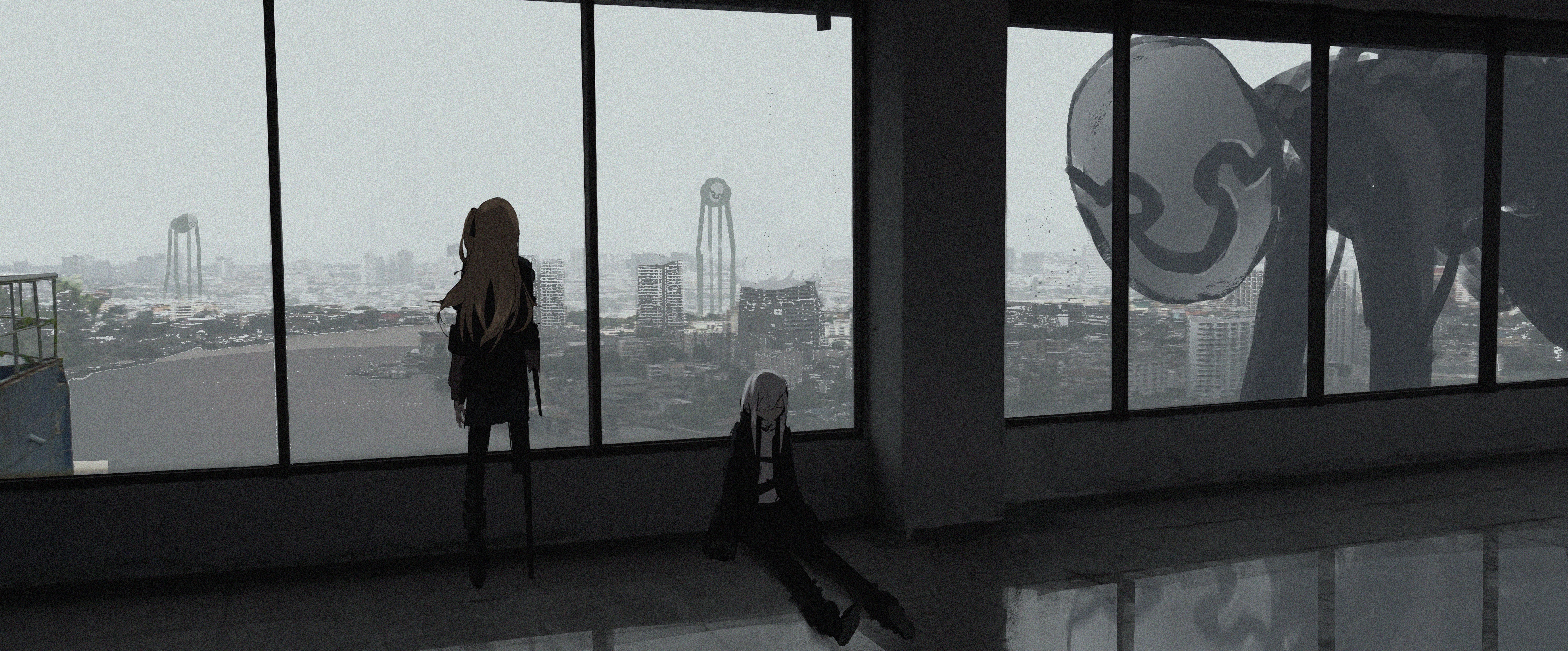 Anime artwork of two girls and a monster overlooking a city HD Wallpaper