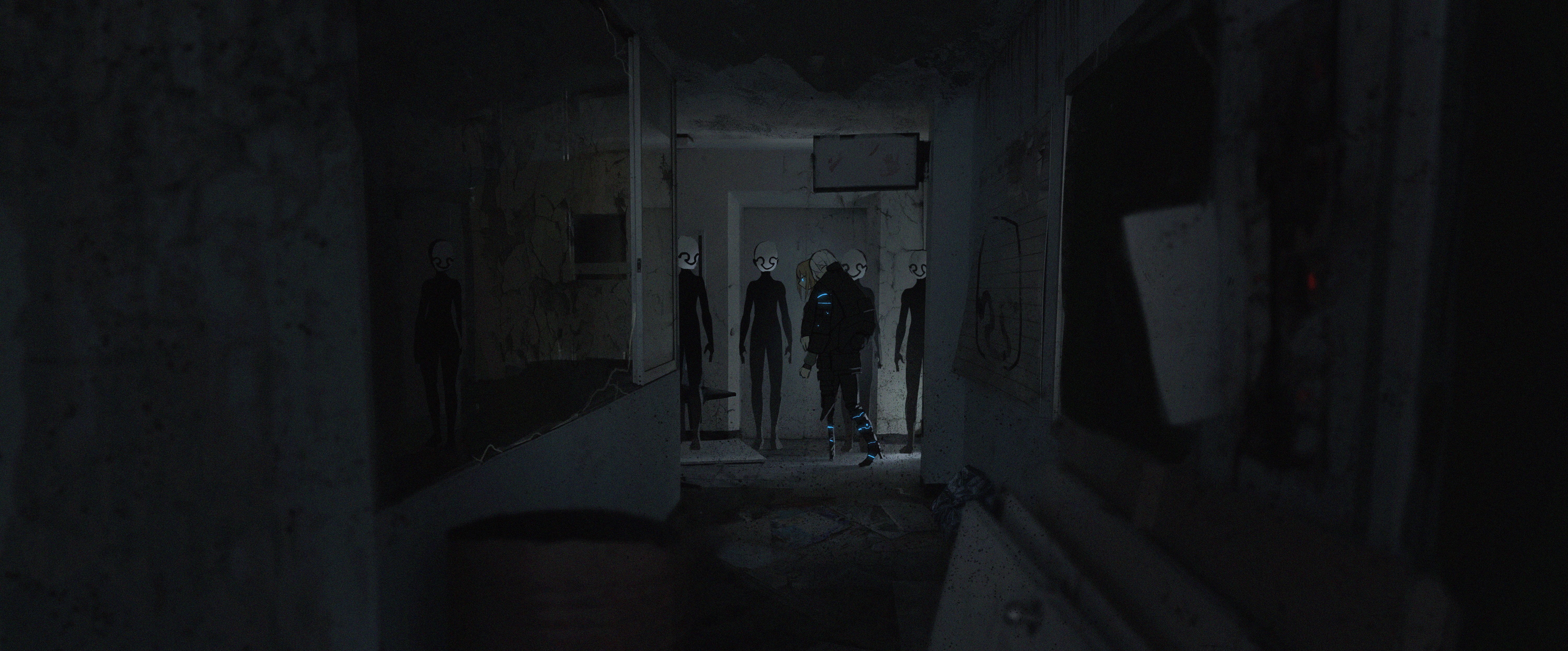 Creepy figures in a dark, abandoned hallway HD Wallpaper