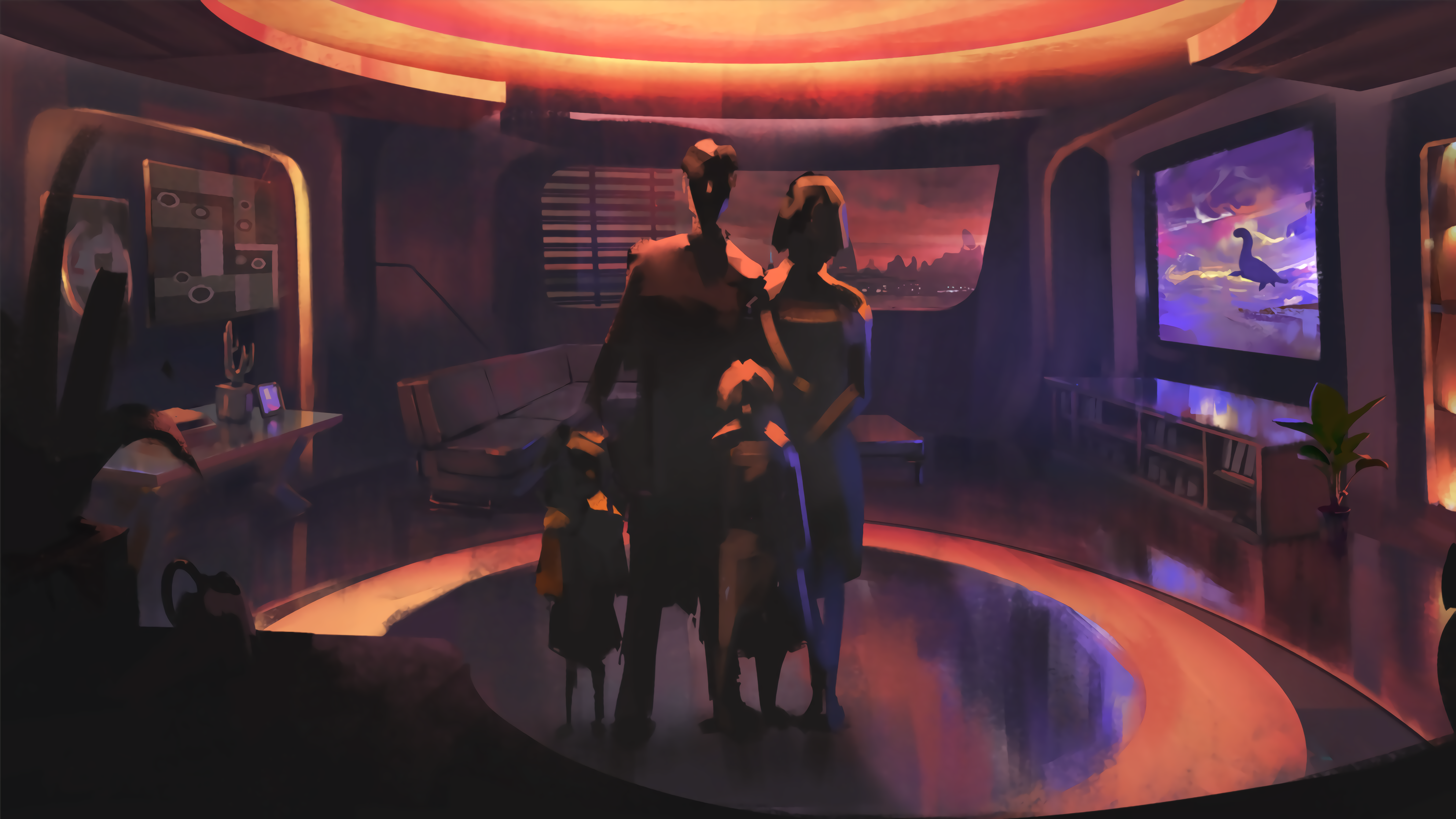 Family in futuristic living room HD Wallpaper