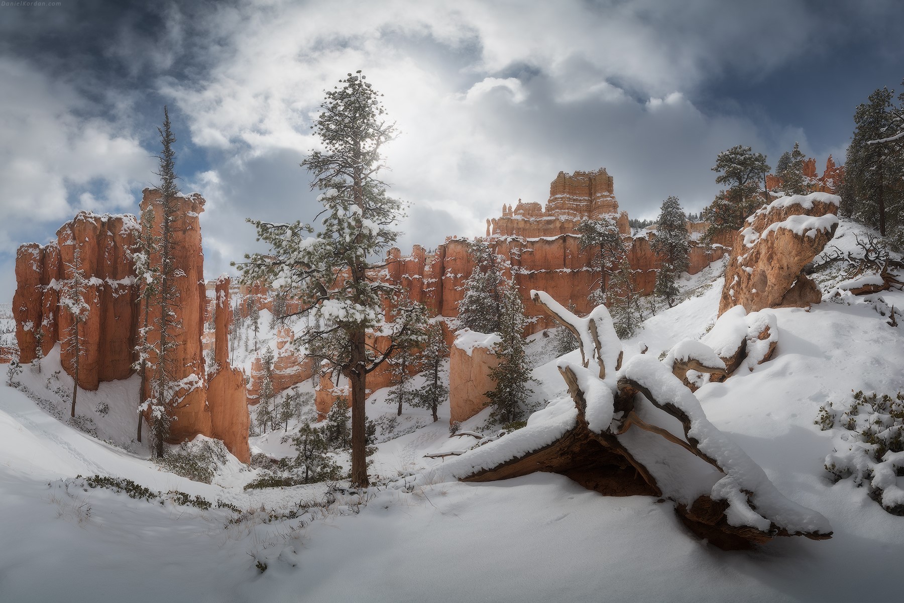 Snowy Bryce Canyon National Park landscape with hoodoos and trees HD Wallpaper