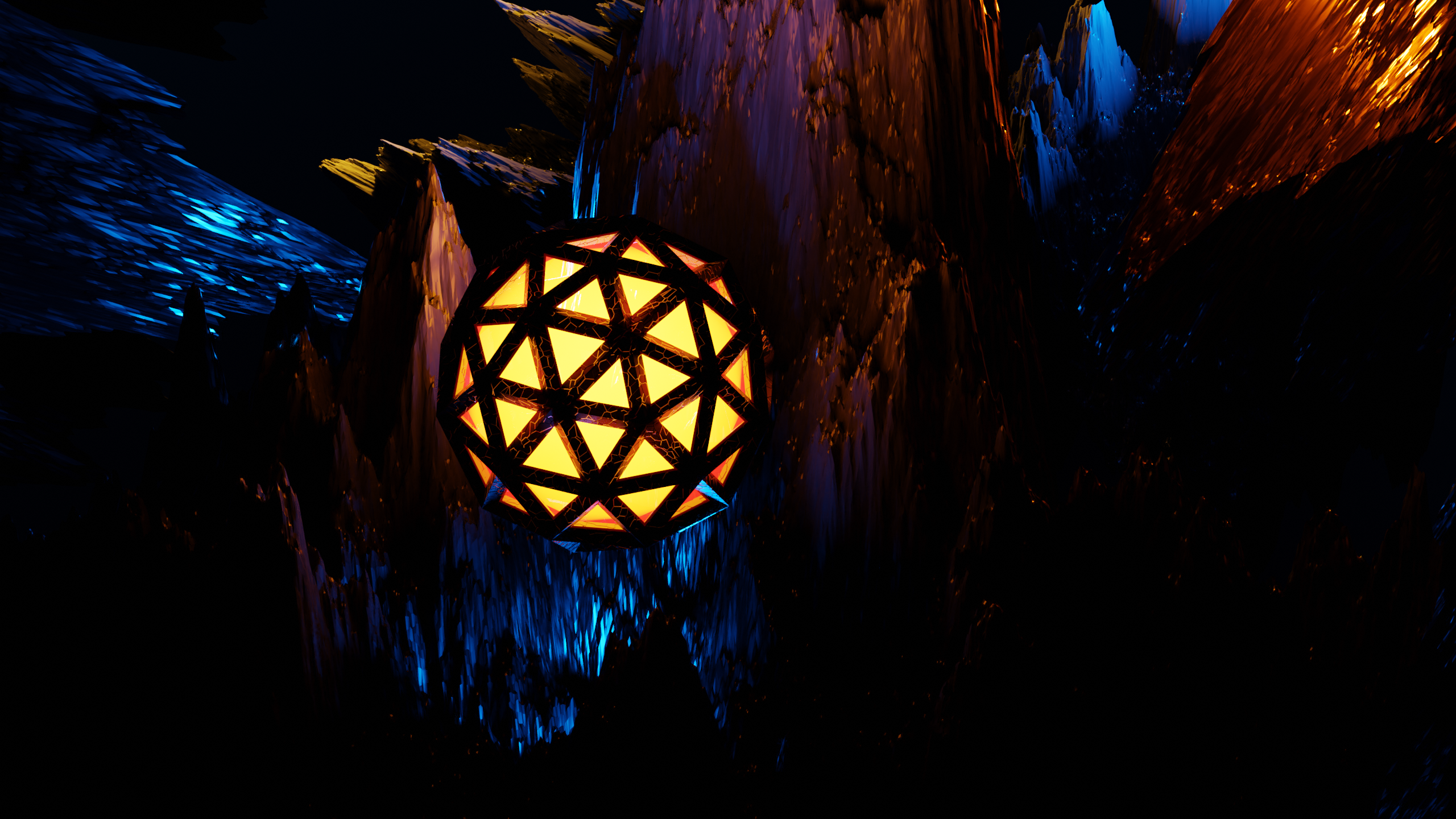 Abstract geometric orb in a dark, rocky landscape HD Wallpaper
