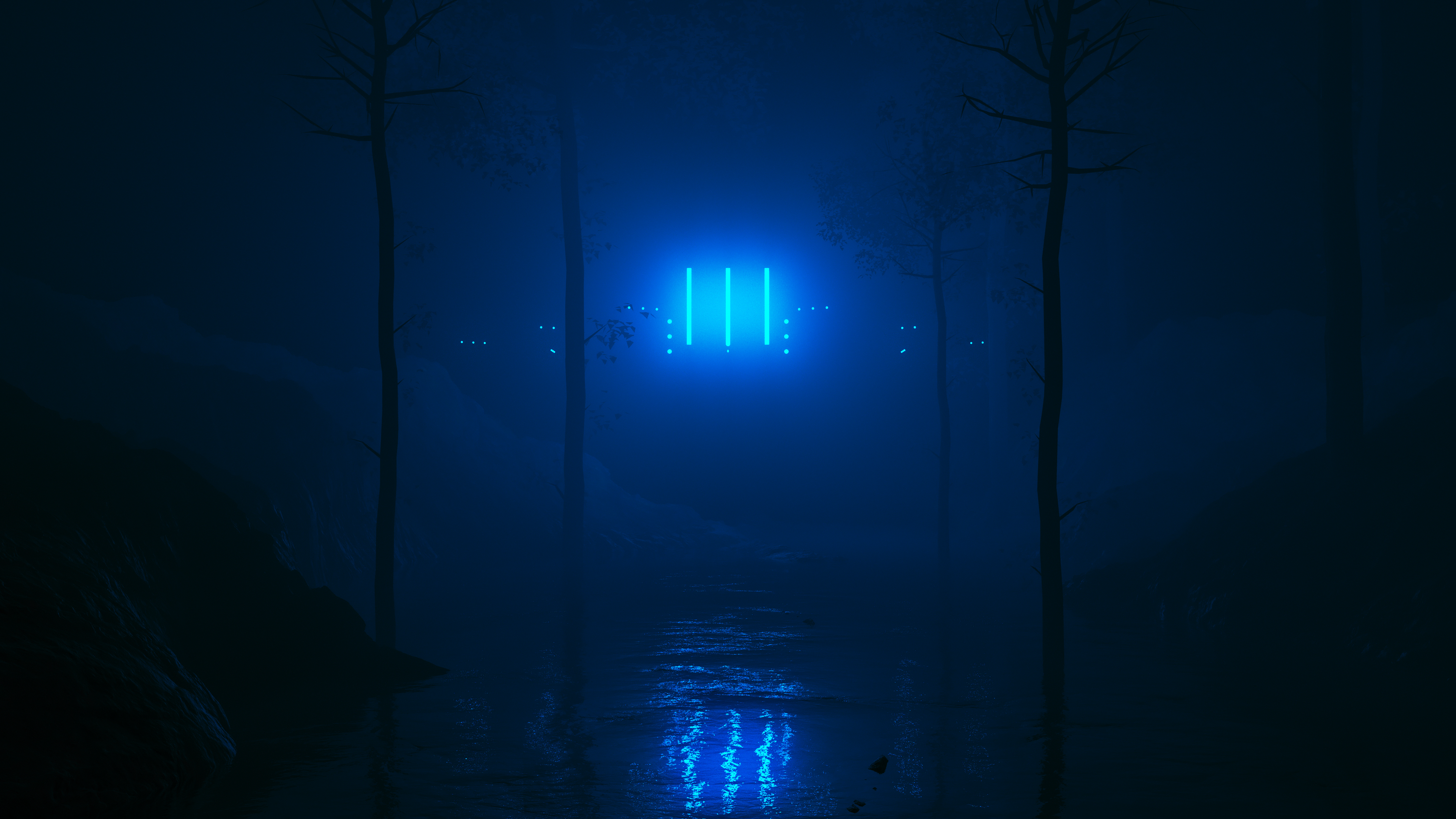 Dark Forest with Blue Neon Lights HD Wallpaper
