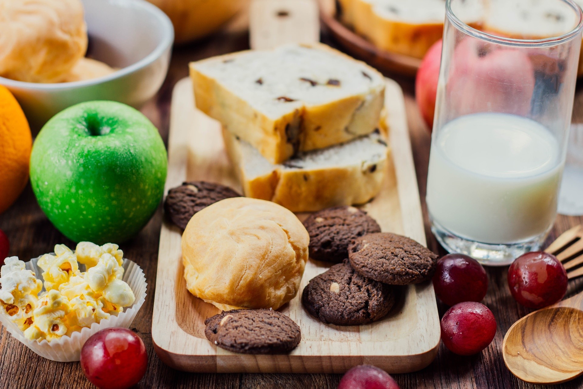 Assortment of baked goods, fruit, and milk HD Wallpaper