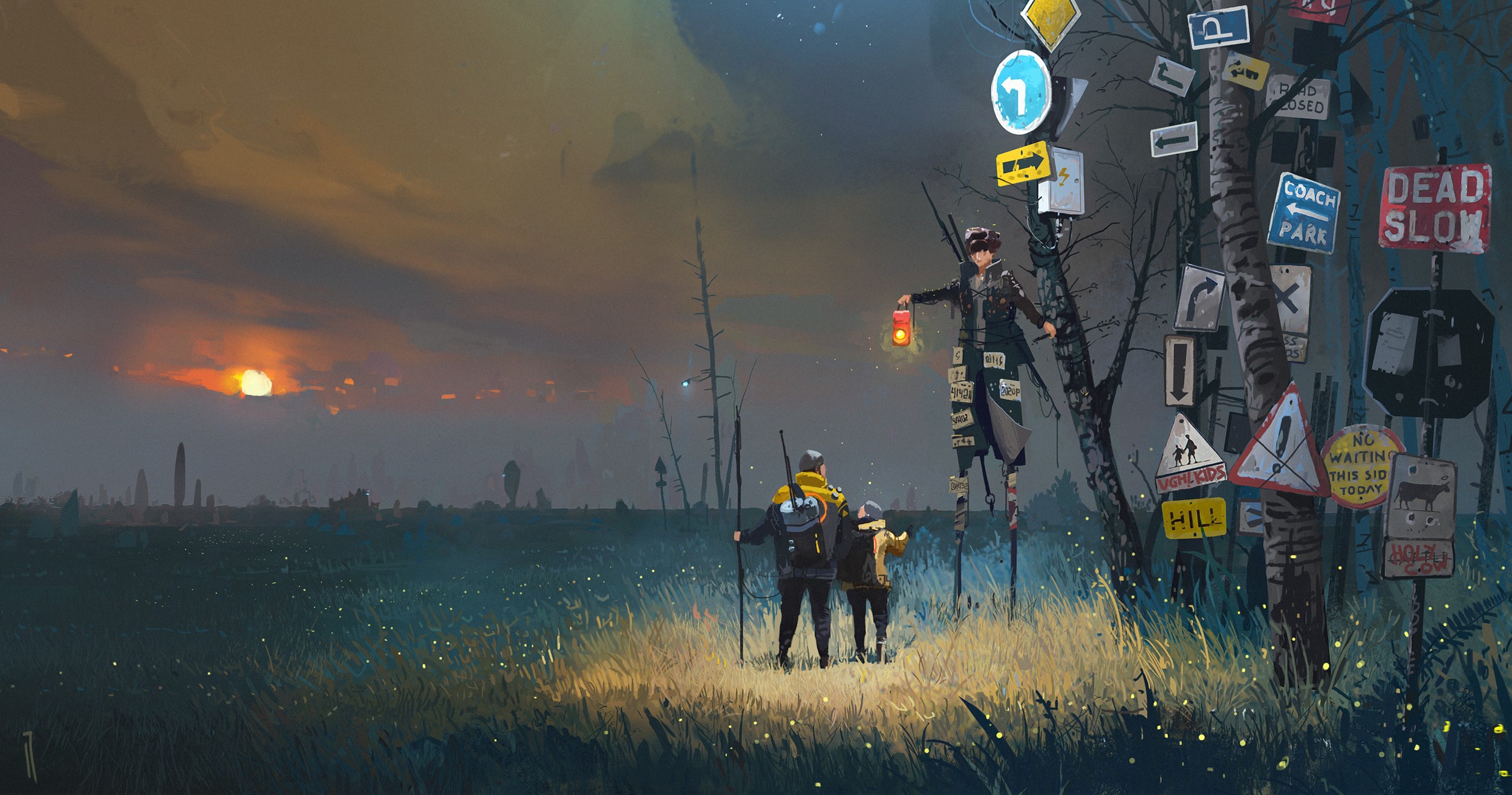 Two travelers and a figure on stilts at a crossroads with many signs at sunset HD Wallpaper